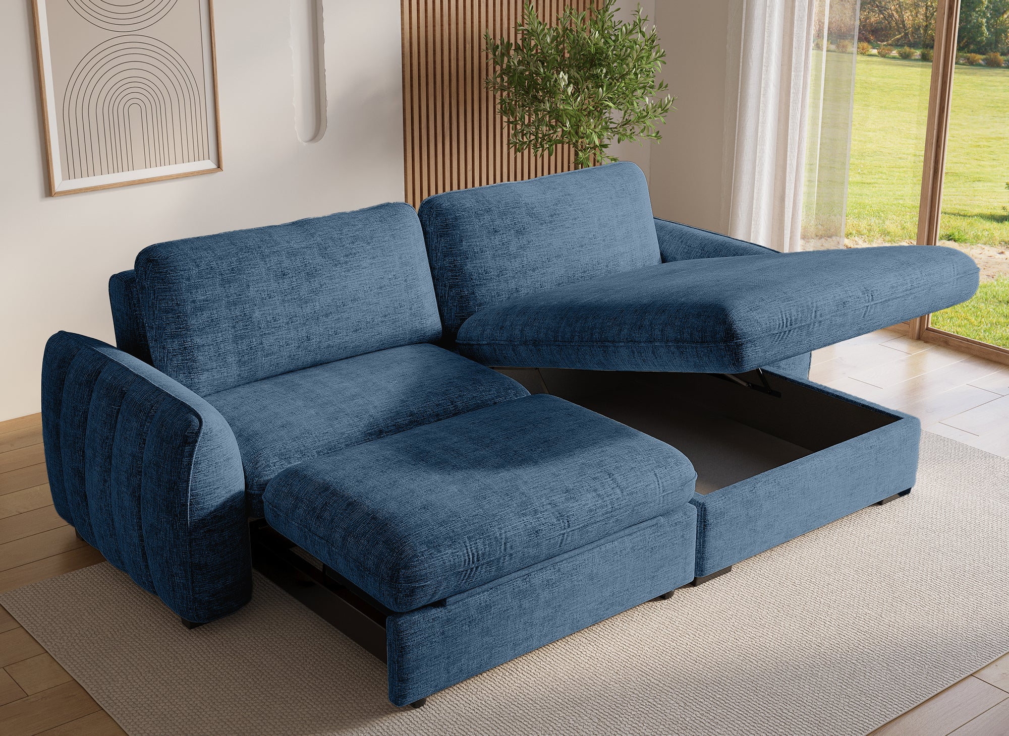 Sofá esquinero convertible y reversible LIORA con almacenaje en terciopelo azul jaspeado