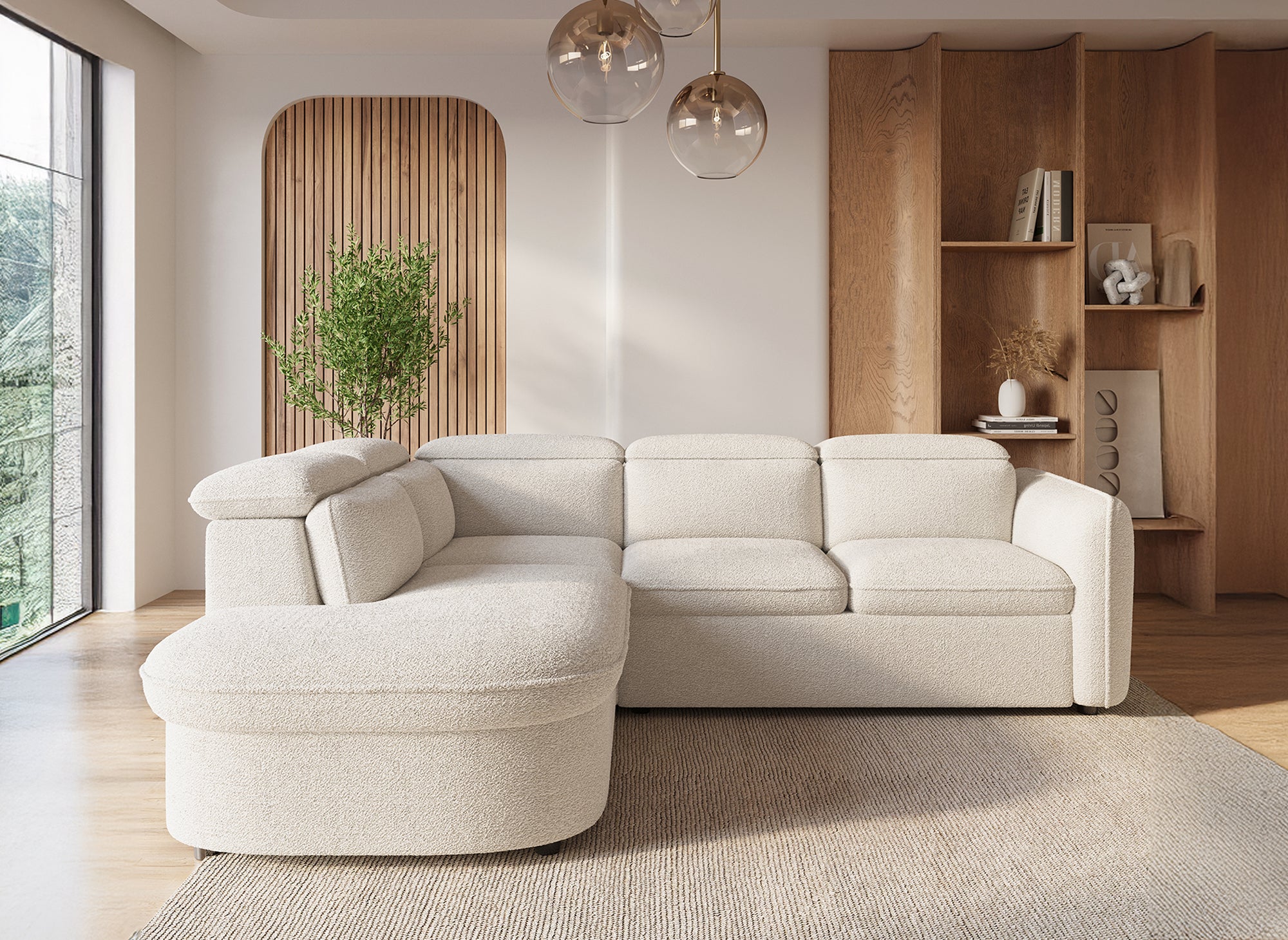 Sofá esquinero convertible BAYA con compartimento de almacenamiento en tela bouclé color crudo - esquina izquierda