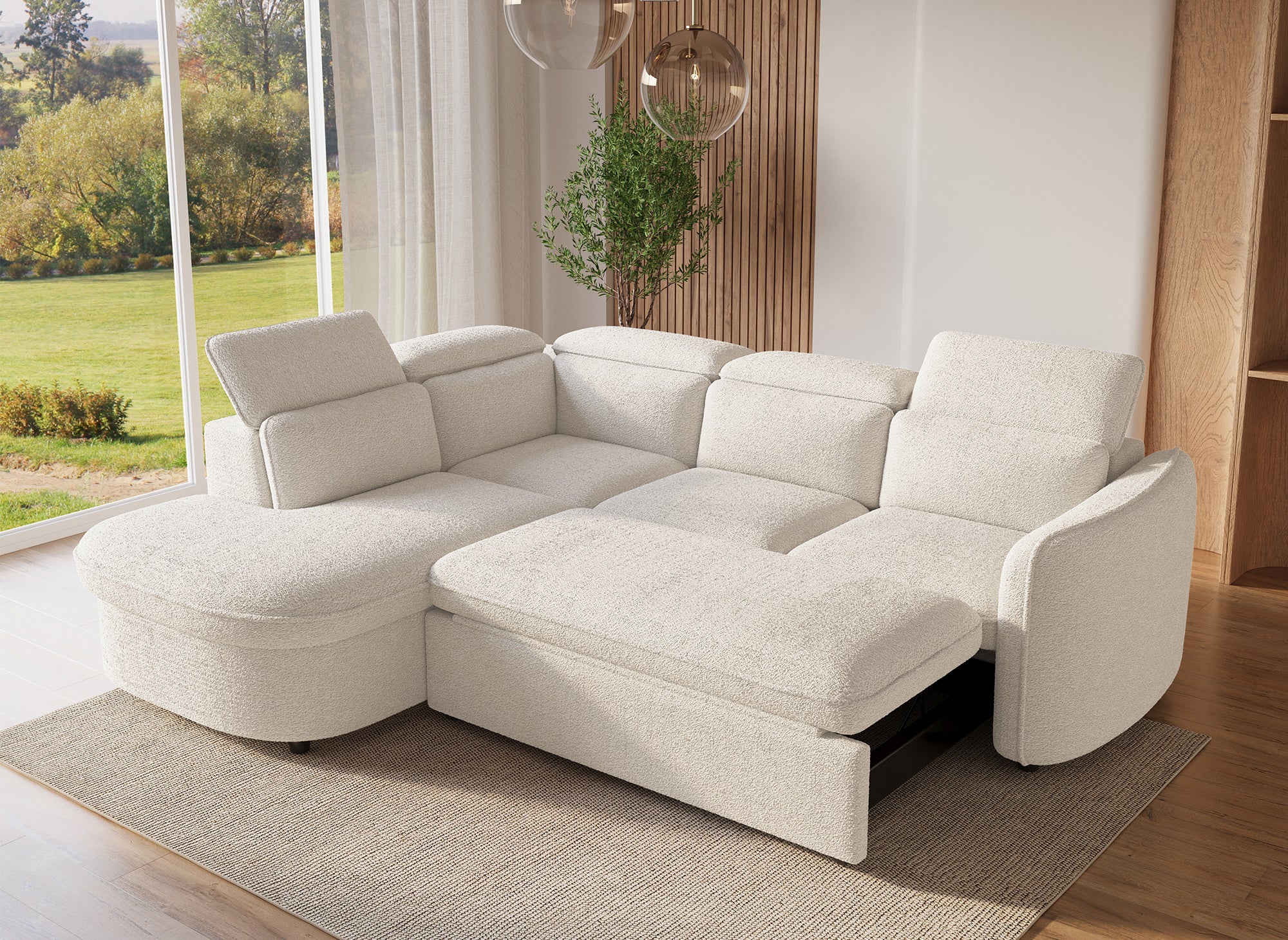 Sofá esquinero convertible BAYA con compartimento de almacenamiento en tela bouclé color crudo - esquina izquierda