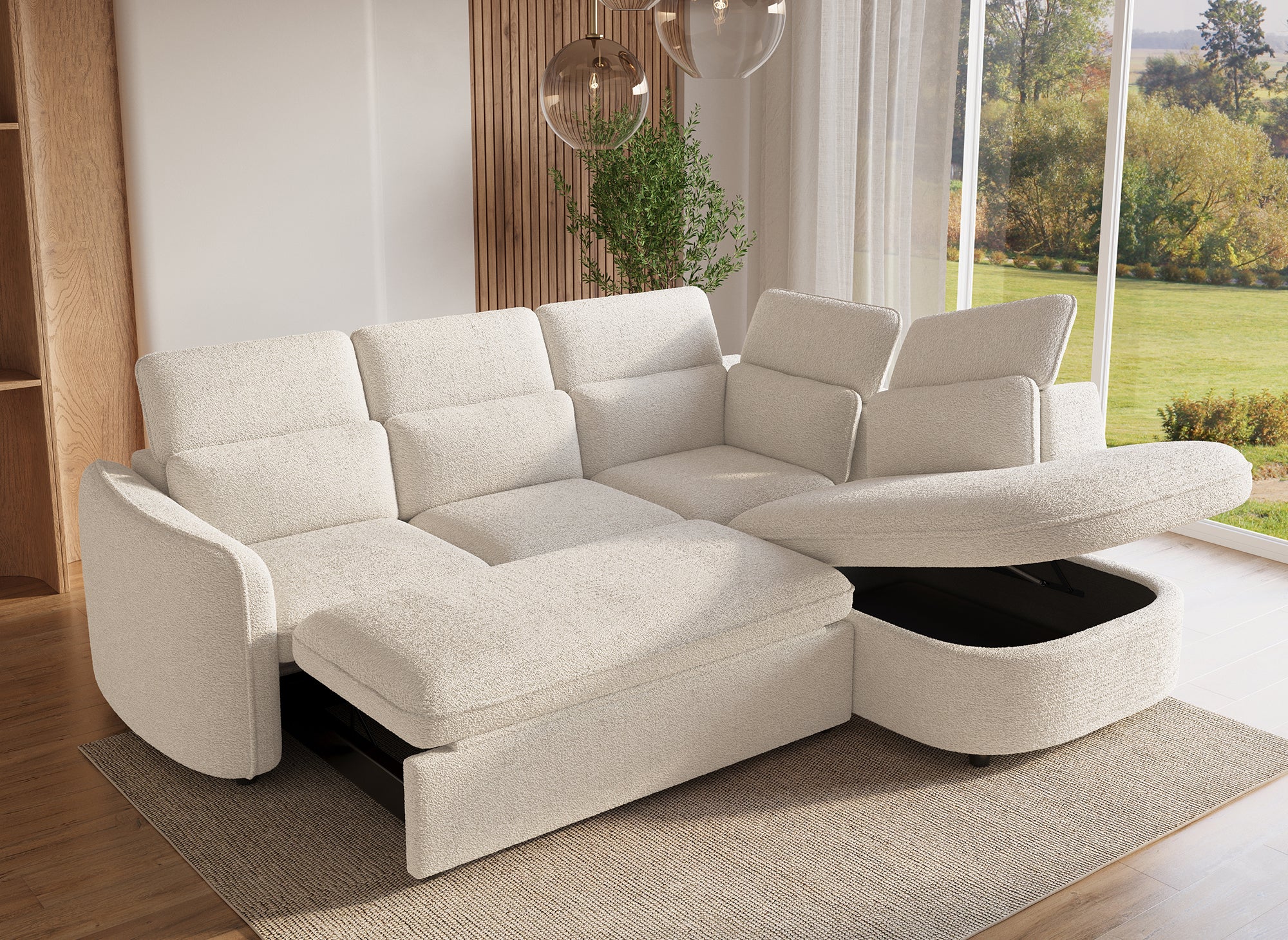 Sofá esquinero convertible BAYA con compartimento de almacenamiento en tela bouclé color crudo - esquina derecha