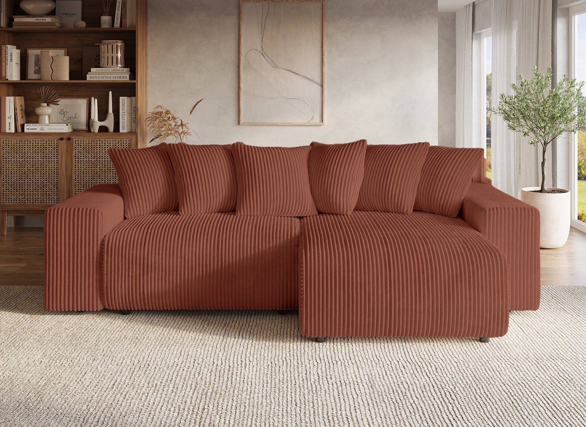 Sofá cama esquinero reversible NOELIA con almacenaje en pana gruesa color terracota