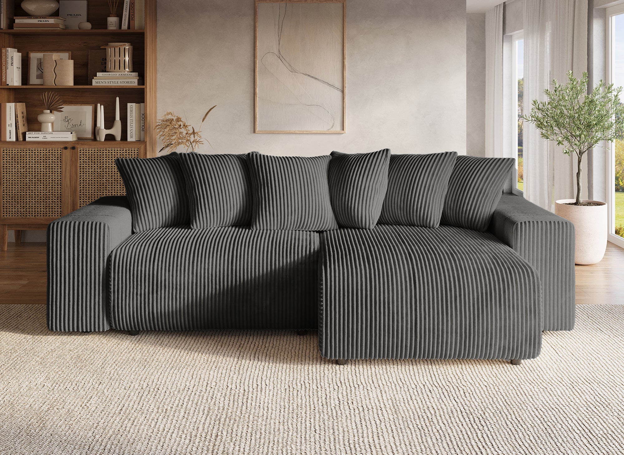 Sofá cama esquinero reversible NOELIA con almacenaje en pana gris gruesa