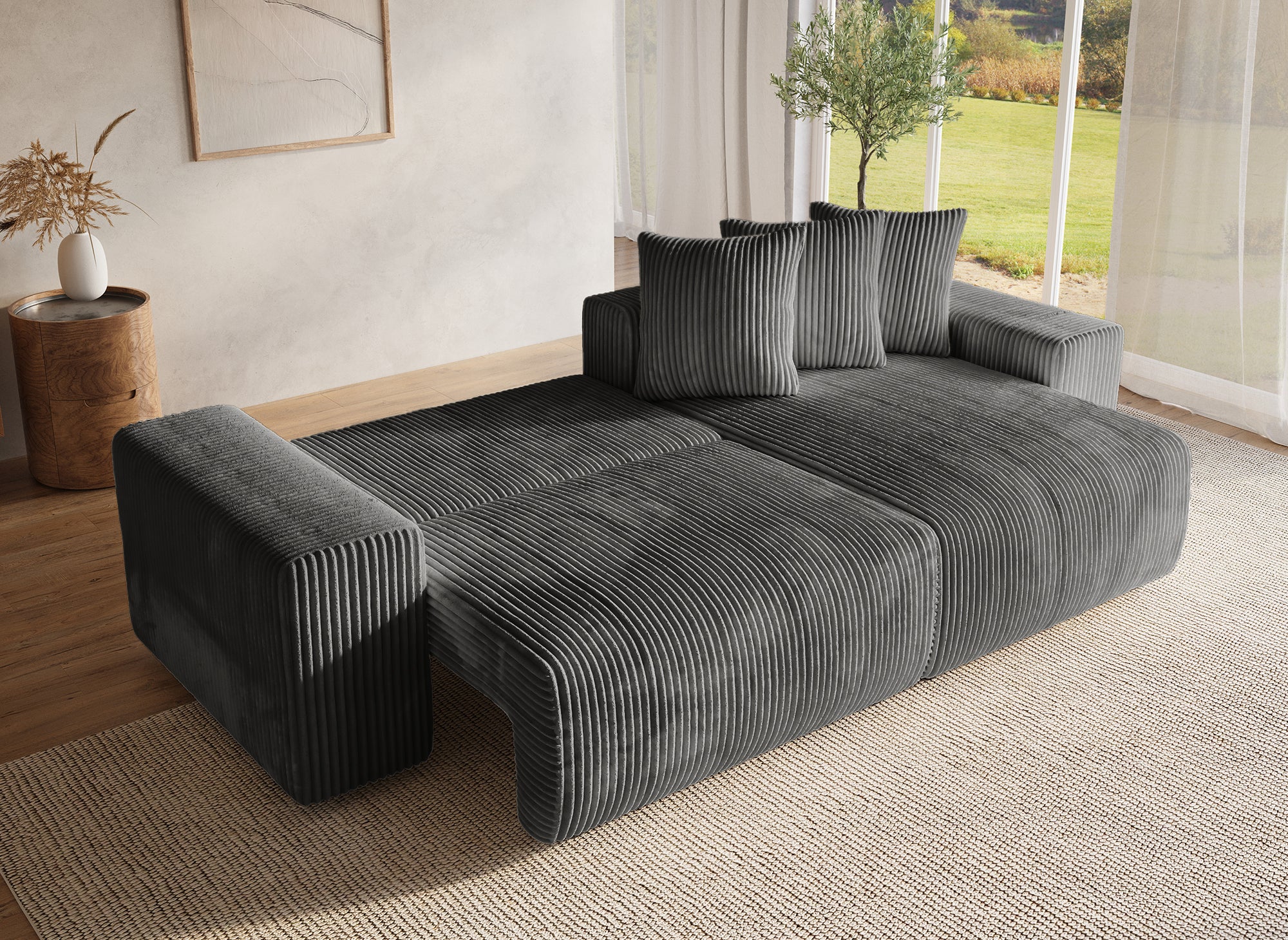 Sofá cama esquinero reversible NOELIA con almacenaje en pana gris gruesa