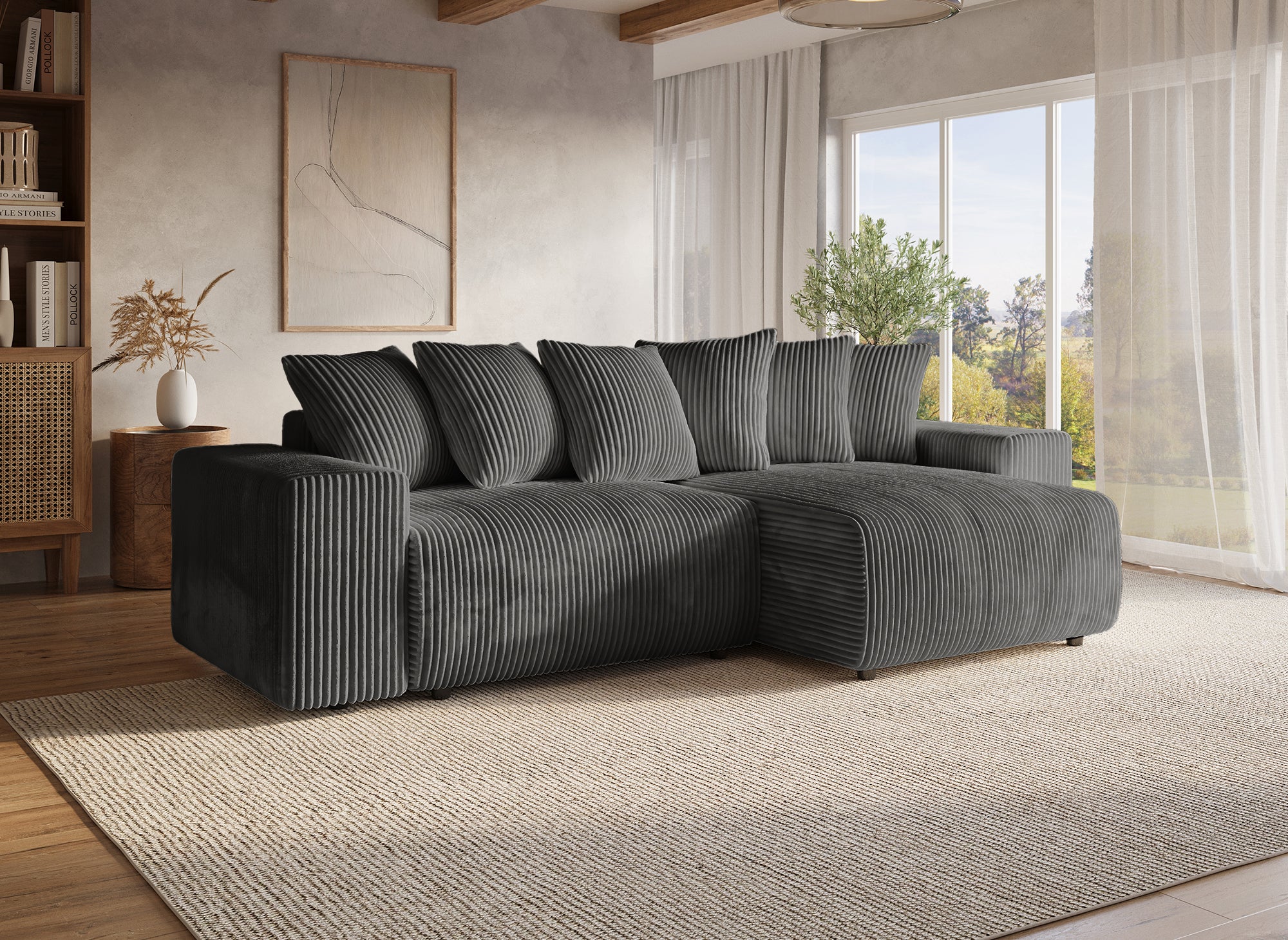 Sofá cama esquinero reversible NOELIA con almacenaje en pana gris gruesa