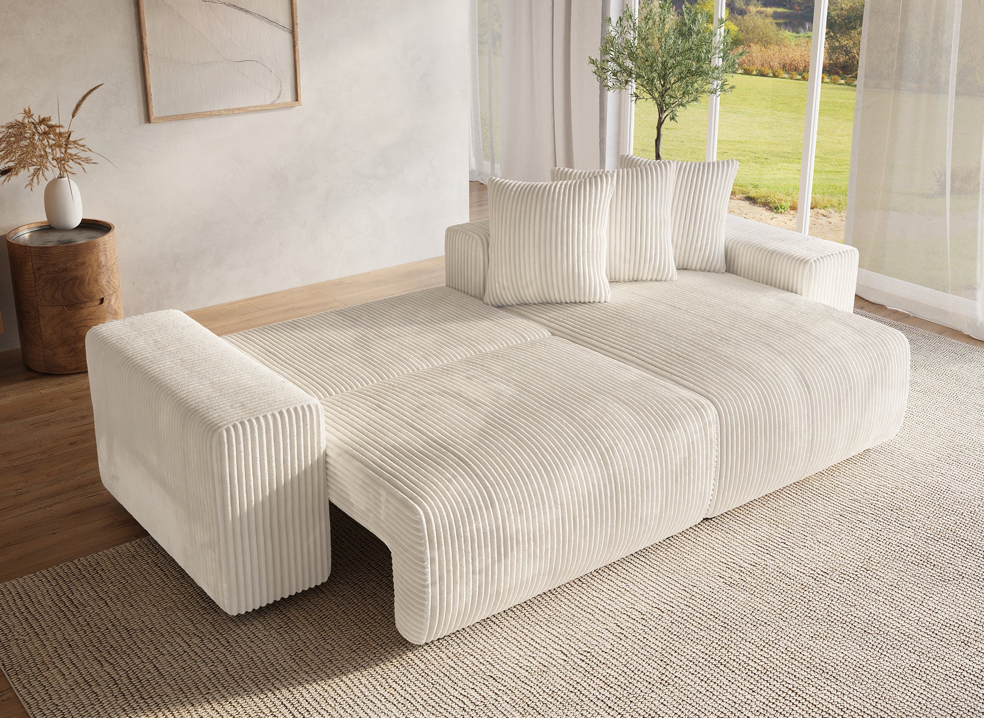 Sofá cama esquinero reversible NOELIA con almacenaje en pana gruesa color beige