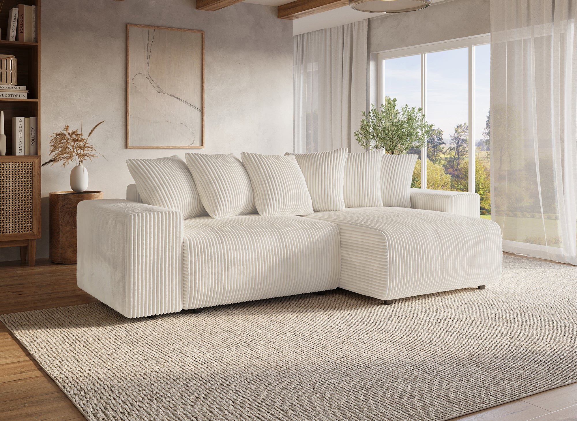 Sofá cama esquinero reversible NOELIA con almacenaje en pana gruesa color beige