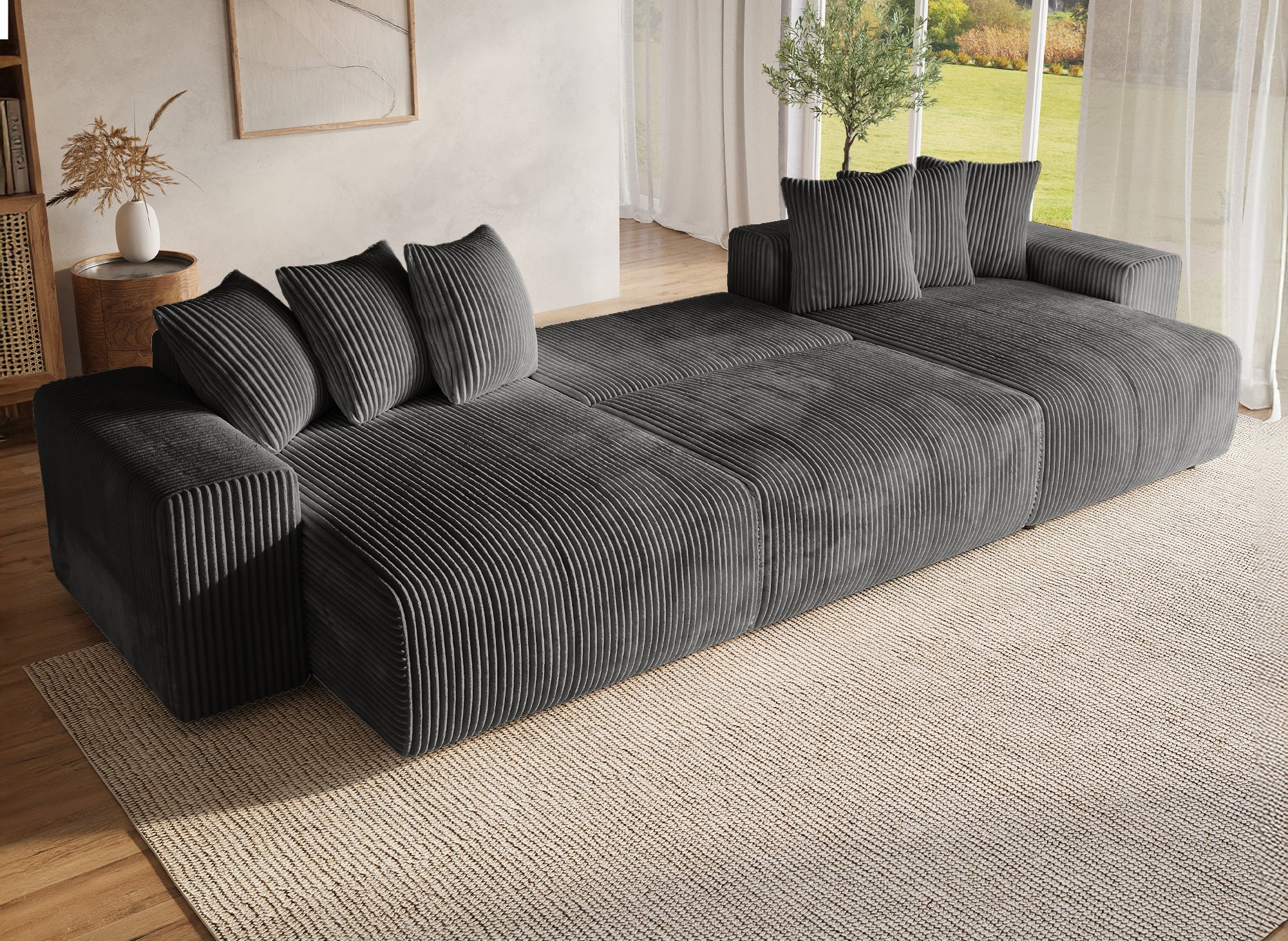 Sofá cama panorámico reversible NOELIA con almacenaje en pana gris gruesa