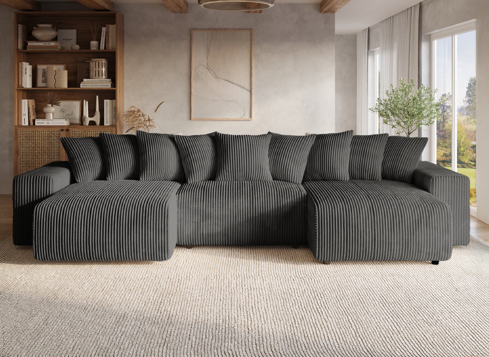 Sofá cama panorámico reversible NOELIA con almacenaje en pana gris gruesa