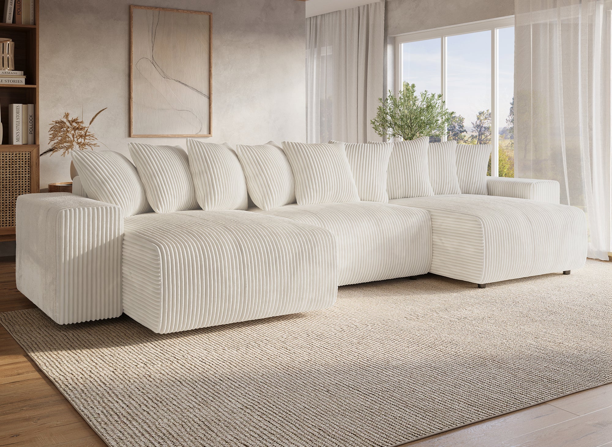 Sofá cama panorámico reversible NOELIA con almacenaje en pana gruesa color beige