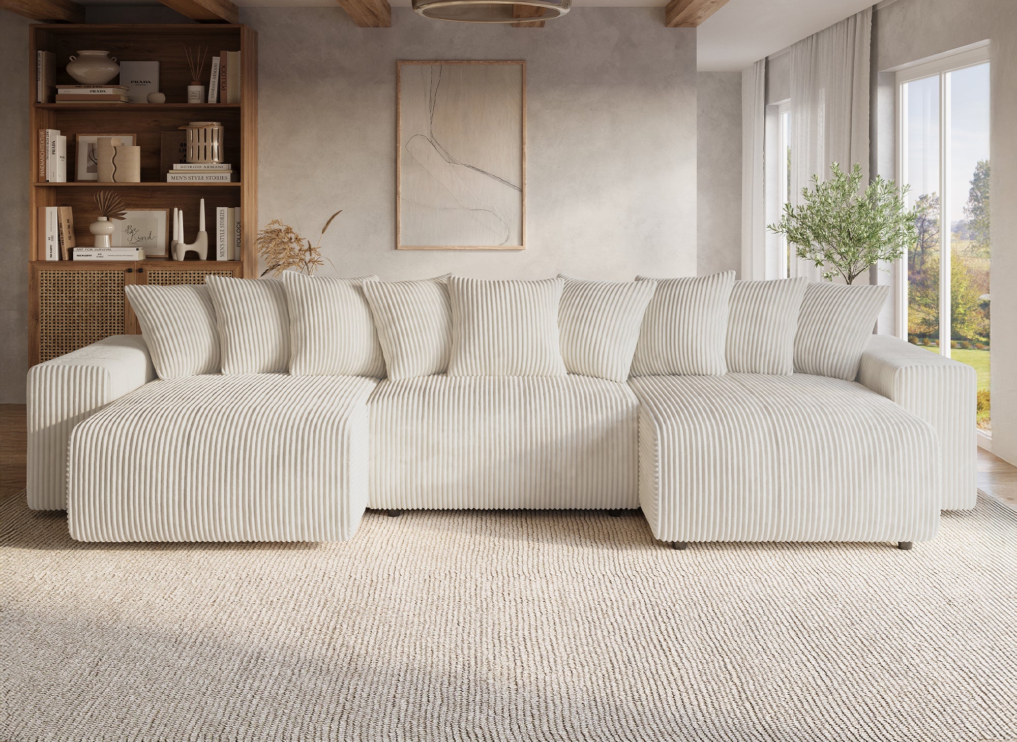 Sofá cama panorámico reversible NOELIA con almacenaje en pana gruesa color beige