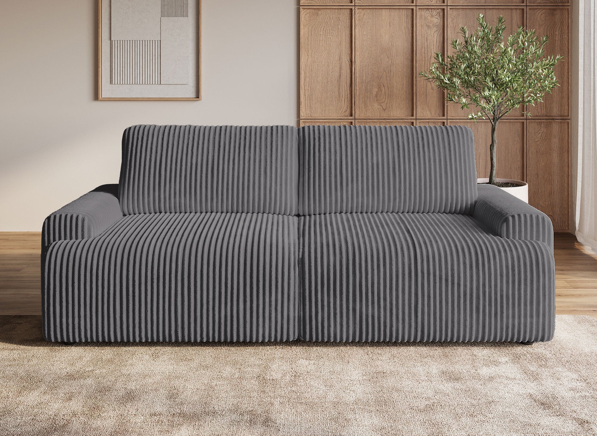 Sofá cama MILO con almacenaje en pana gris gruesa