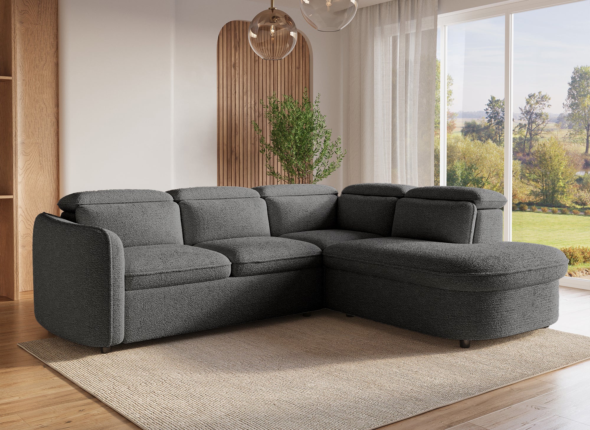 Sofá cama esquinero BAYA con compartimento de almacenaje en tejido bouclé gris - esquina derecha