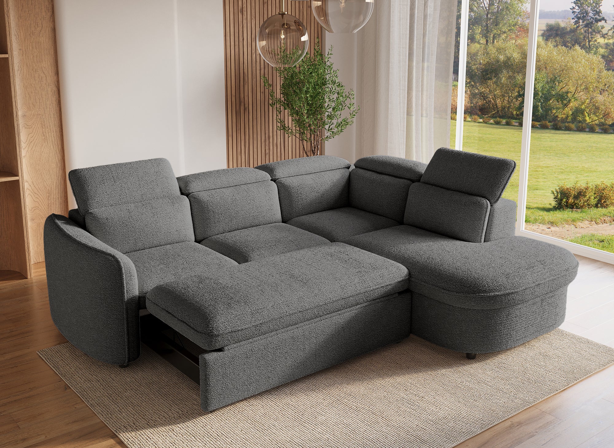 Sofá cama esquinero BAYA con compartimento de almacenaje en tejido bouclé gris - esquina derecha