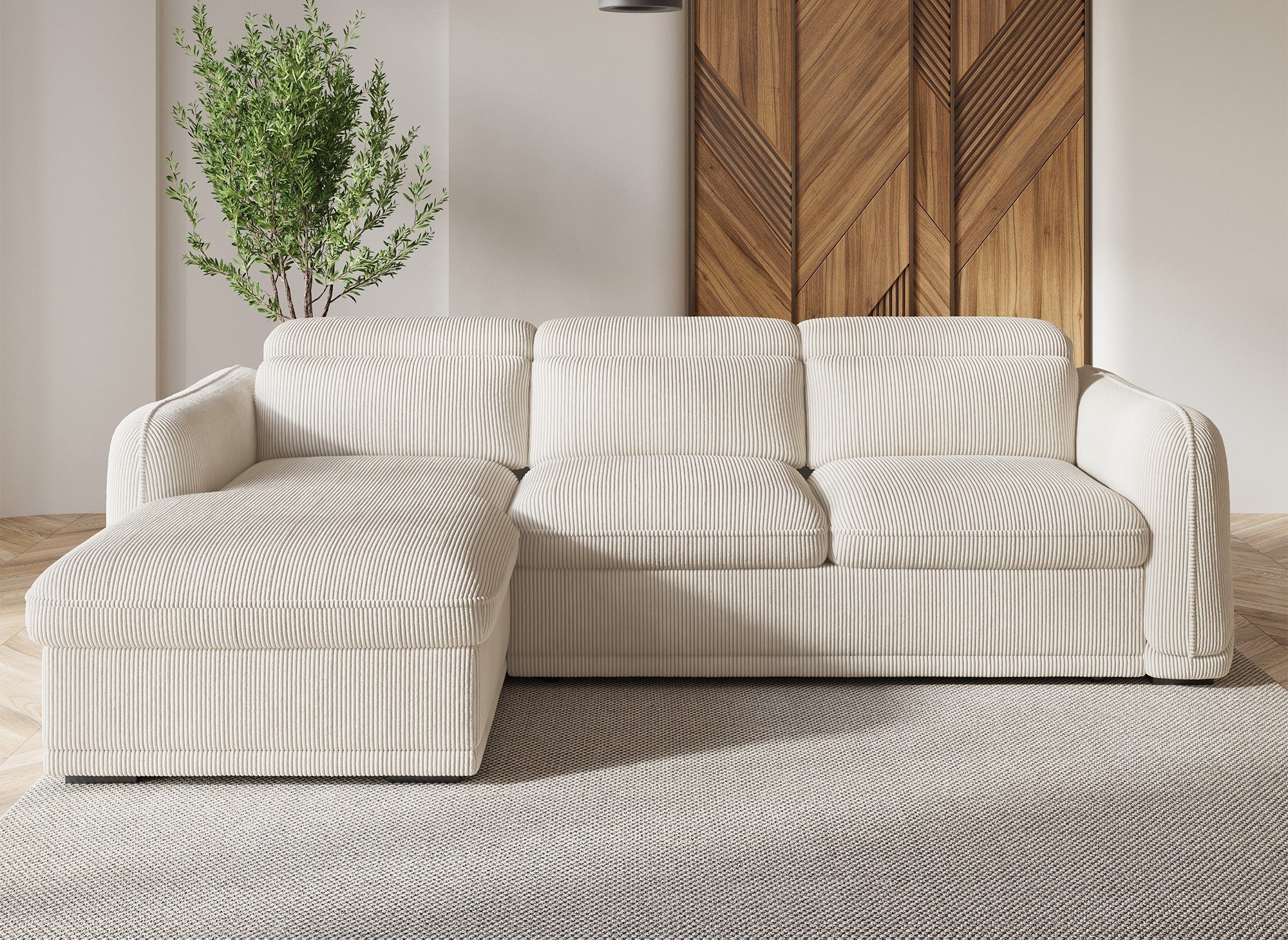 Sofá cama esquinero izquierdo PETUNIA con almacenaje en pana gruesa beige - Esquinero izquierdo