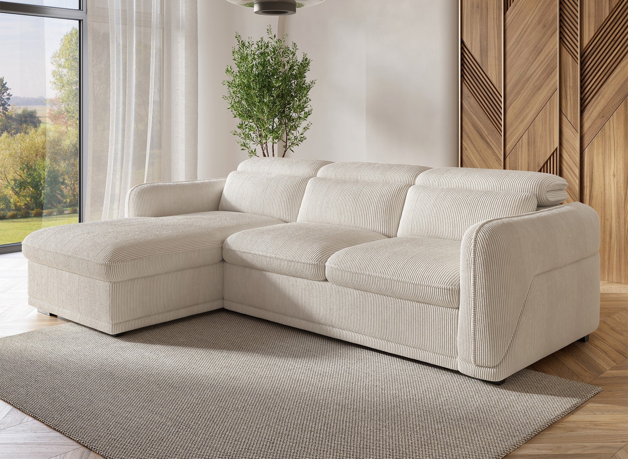 Sofá cama esquinero izquierdo PETUNIA con almacenaje en pana gruesa beige - Esquinero izquierdo