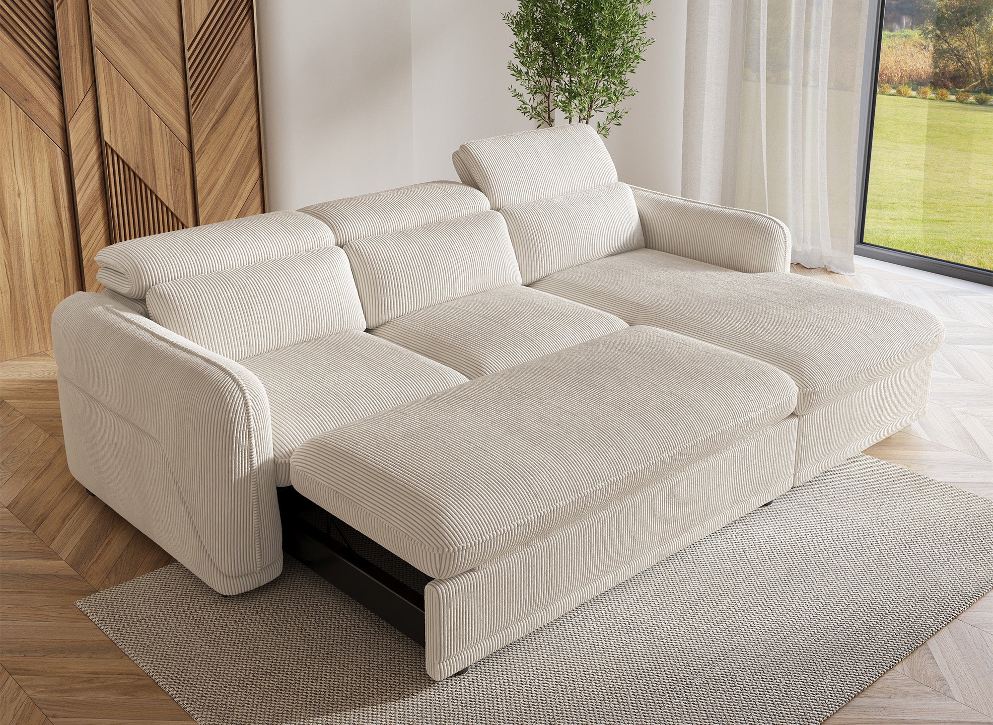 Sofá esquinero convertible PETUNIA con almacenaje en pana gruesa color beige - Esquinero derecho