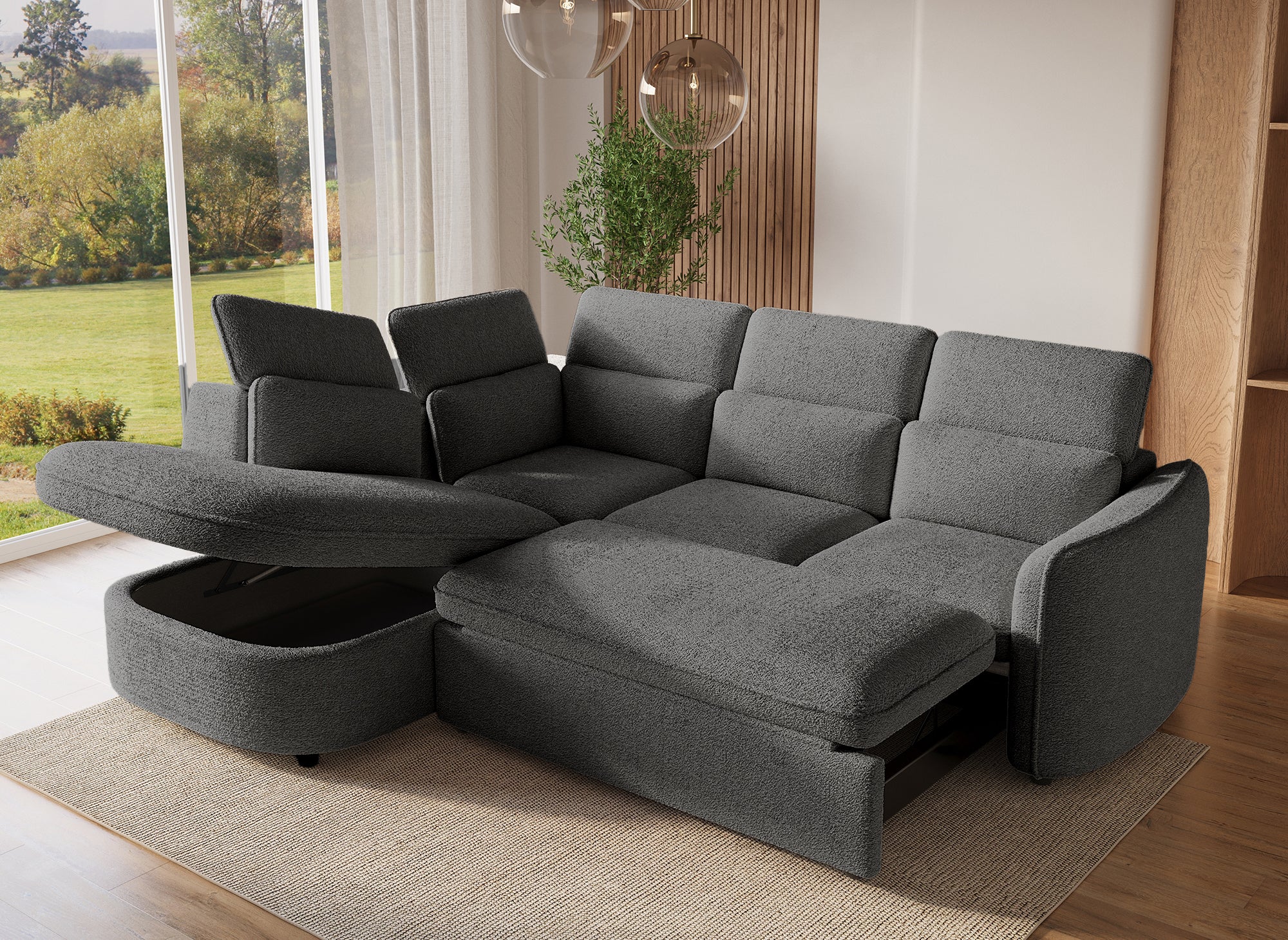 Sofá cama esquinero BAYA con compartimento de almacenaje en tejido bouclé gris - esquina izquierda