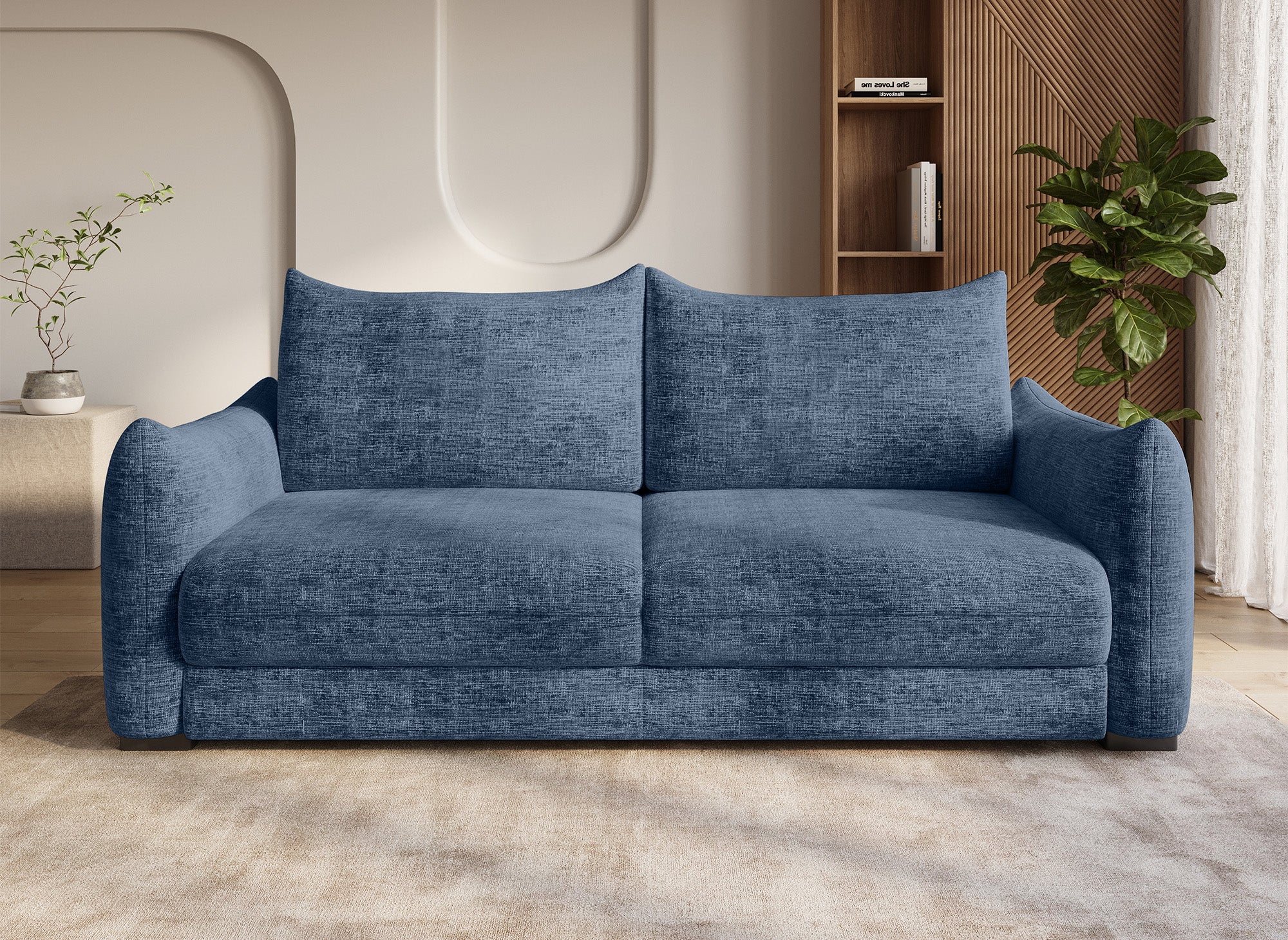 Sofá cama de 3 plazas COLBY con almacenaje en terciopelo azul jaspeado