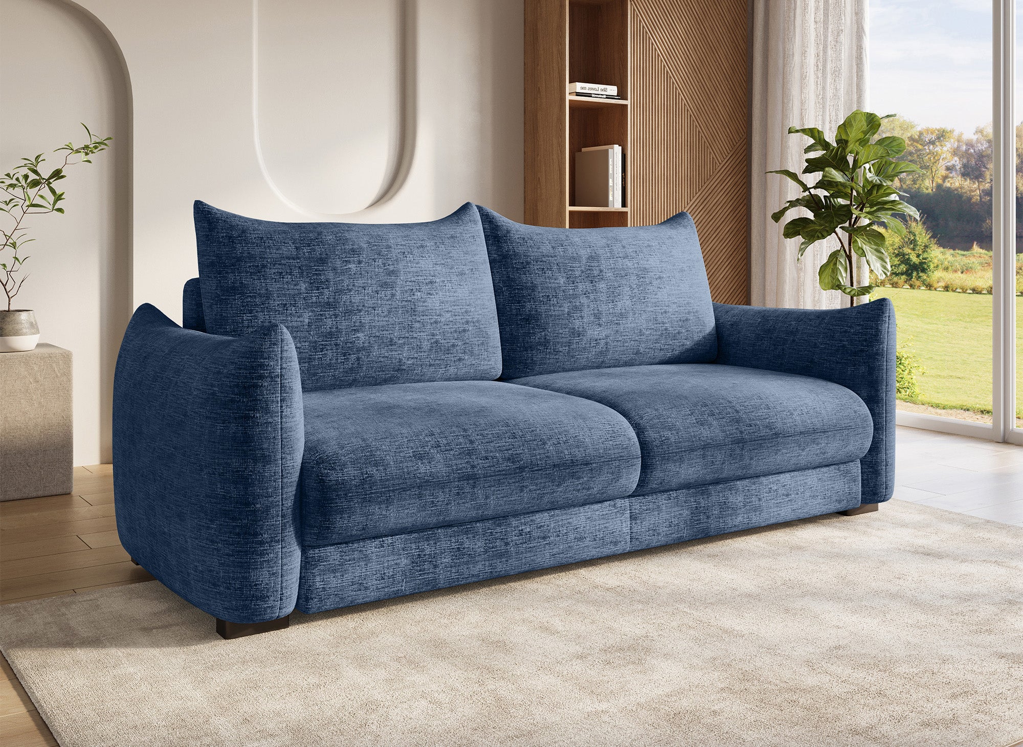 Sofá cama de 3 plazas COLBY con almacenaje en terciopelo azul jaspeado