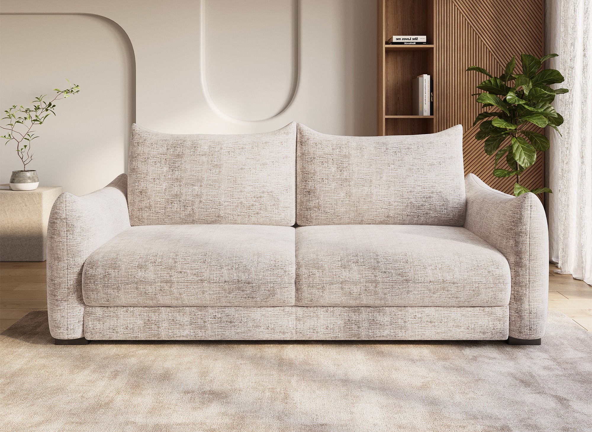 Sofá cama de 3 plazas COLBY con almacenaje en terciopelo jaspeado beige