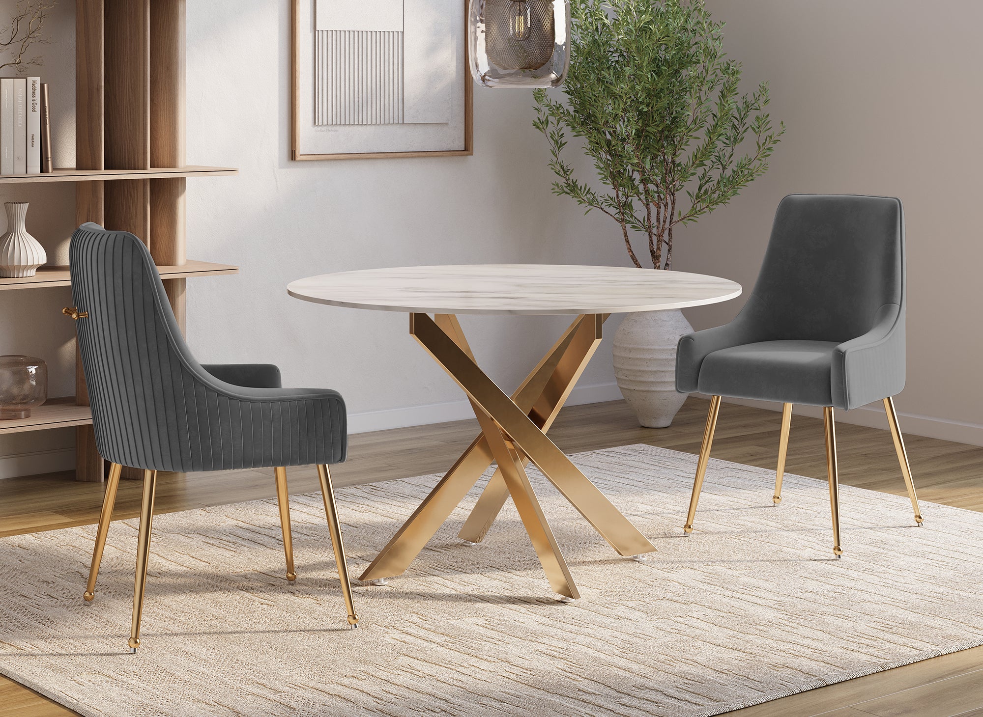 Juego de 2 sillas DORY en terciopelo gris con patas de metal dorado