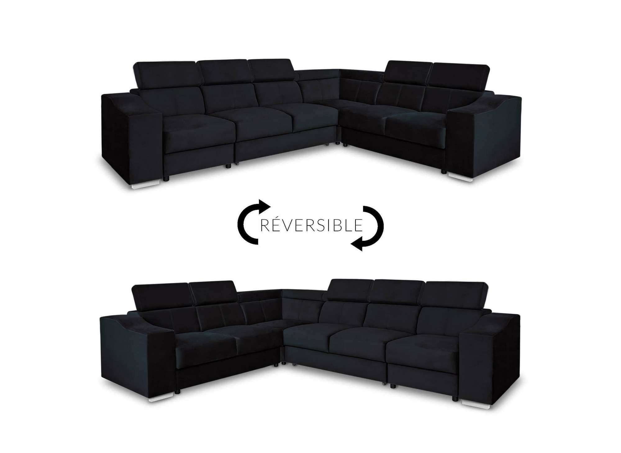 Sofá esquinero convertible reversible LEONIE en terciopelo negro