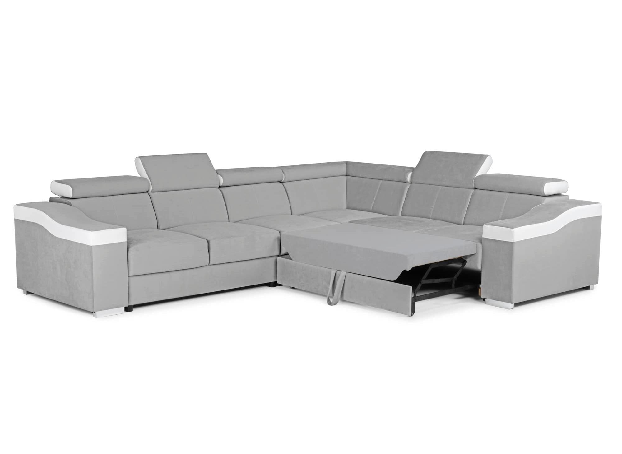 Sofá esquinero convertible reversible LEONIE en terciopelo gris claro y piel sintética blanca