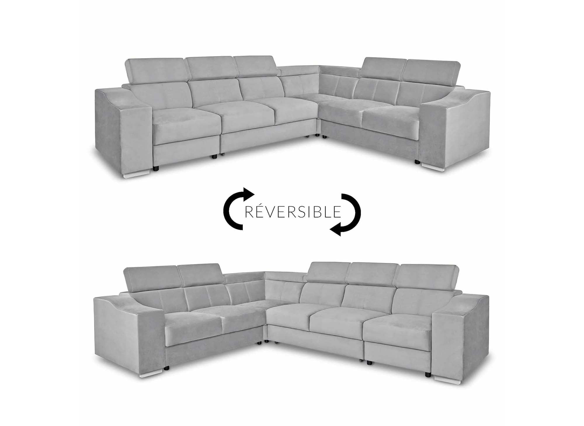 Sofá esquinero convertible reversible LEONIE en terciopelo gris claro