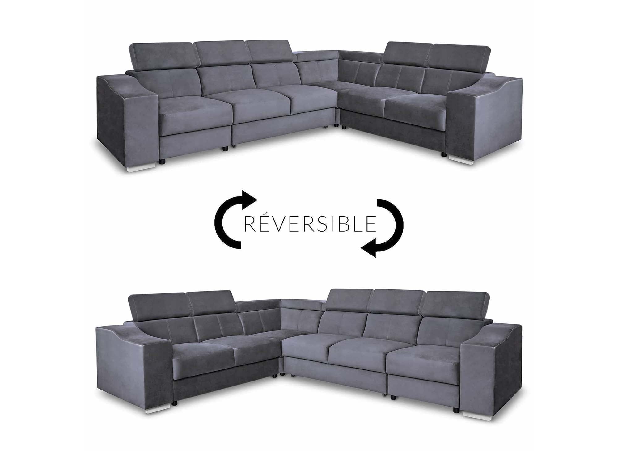 Sofá esquinero convertible reversible LEONIE en terciopelo gris