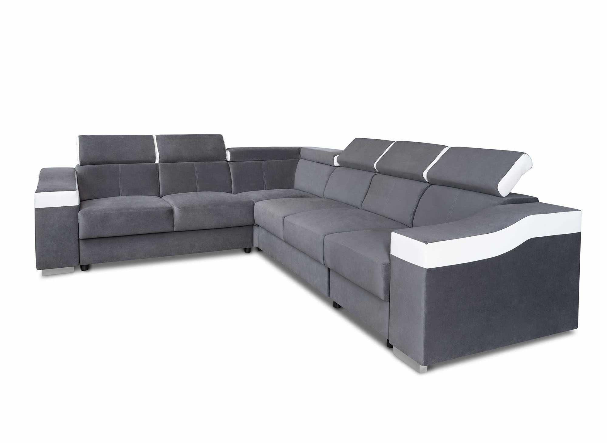 Sofá esquinero convertible reversible LEONIE en terciopelo gris y piel sintética blanca