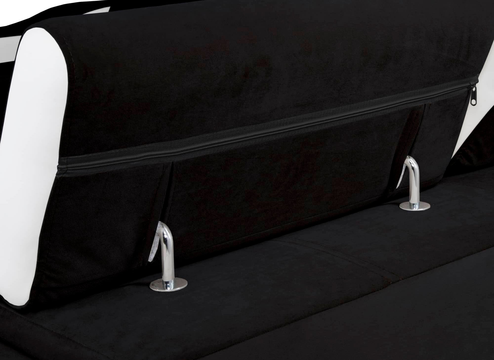 Sofá esquinero convertible reversible LEONIE en terciopelo negro y piel sintética blanca