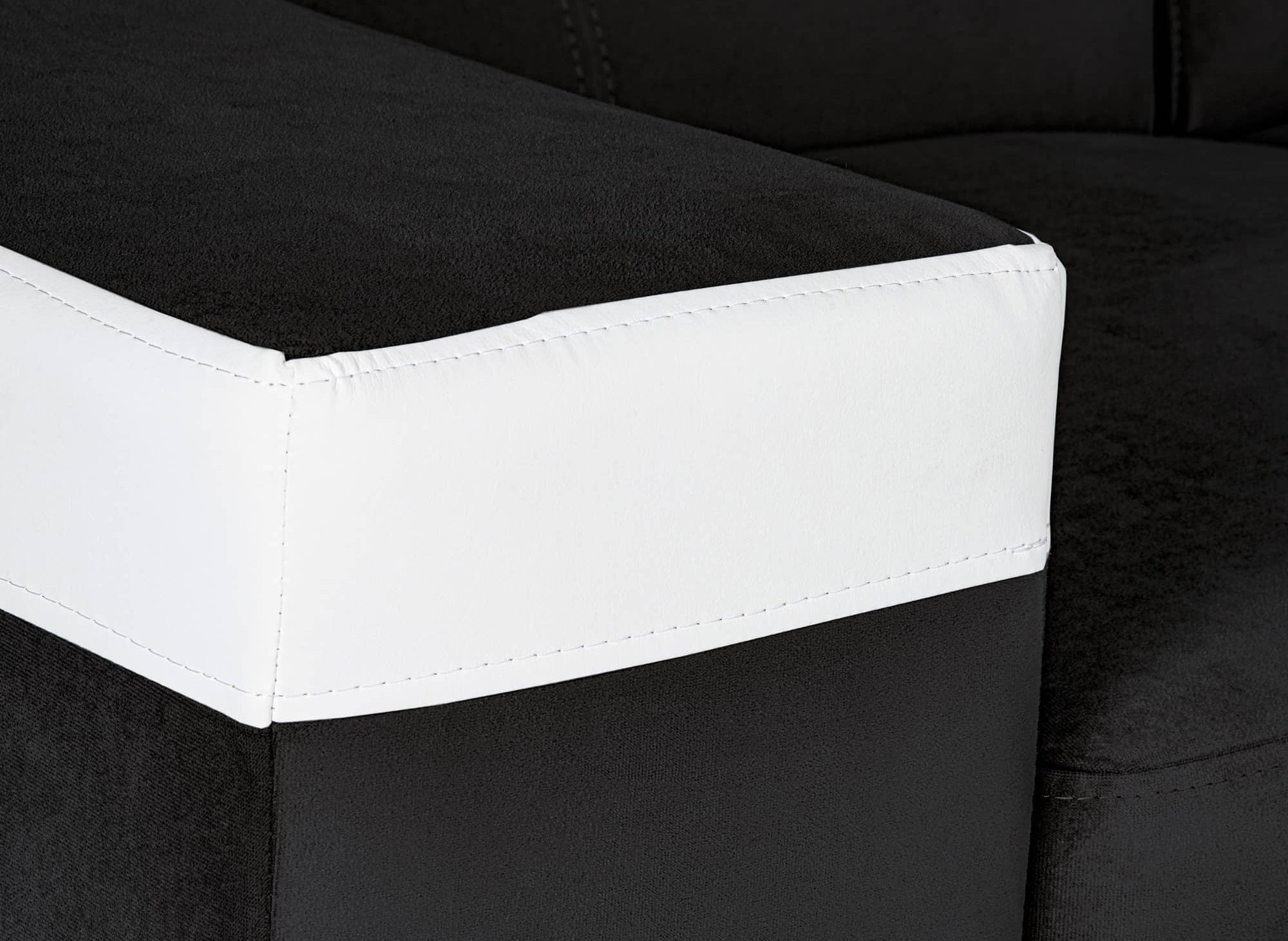 Sofá esquinero convertible reversible LEONIE en terciopelo negro y piel sintética blanca