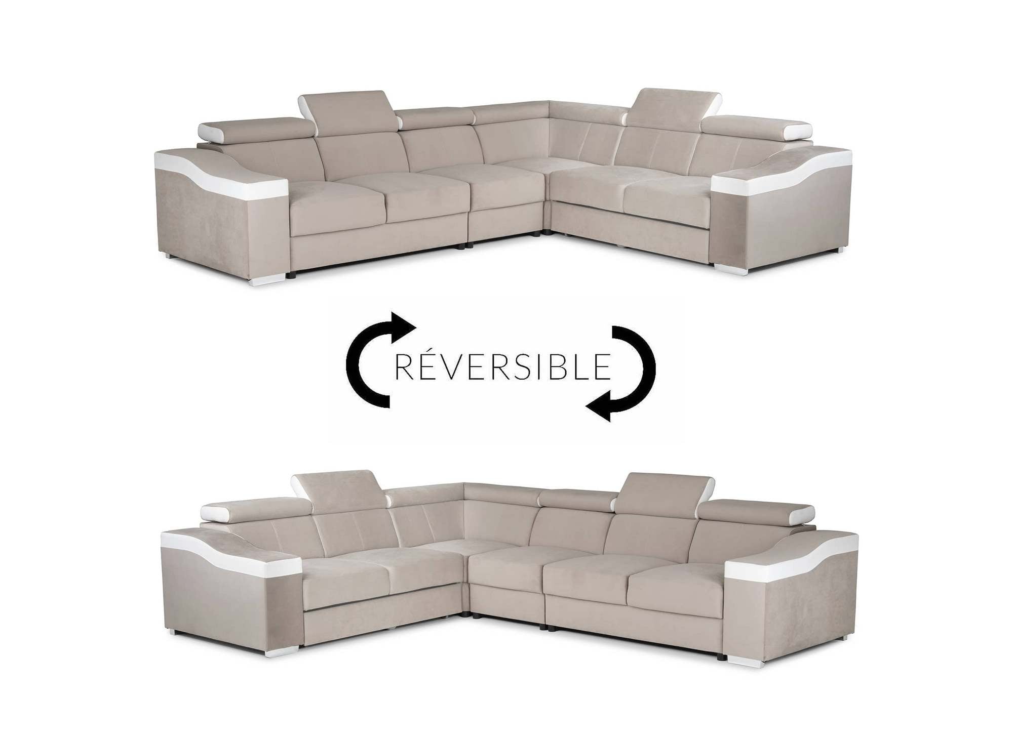 Sofá esquinero convertible reversible LEONIE en terciopelo beige y piel sintética blanca