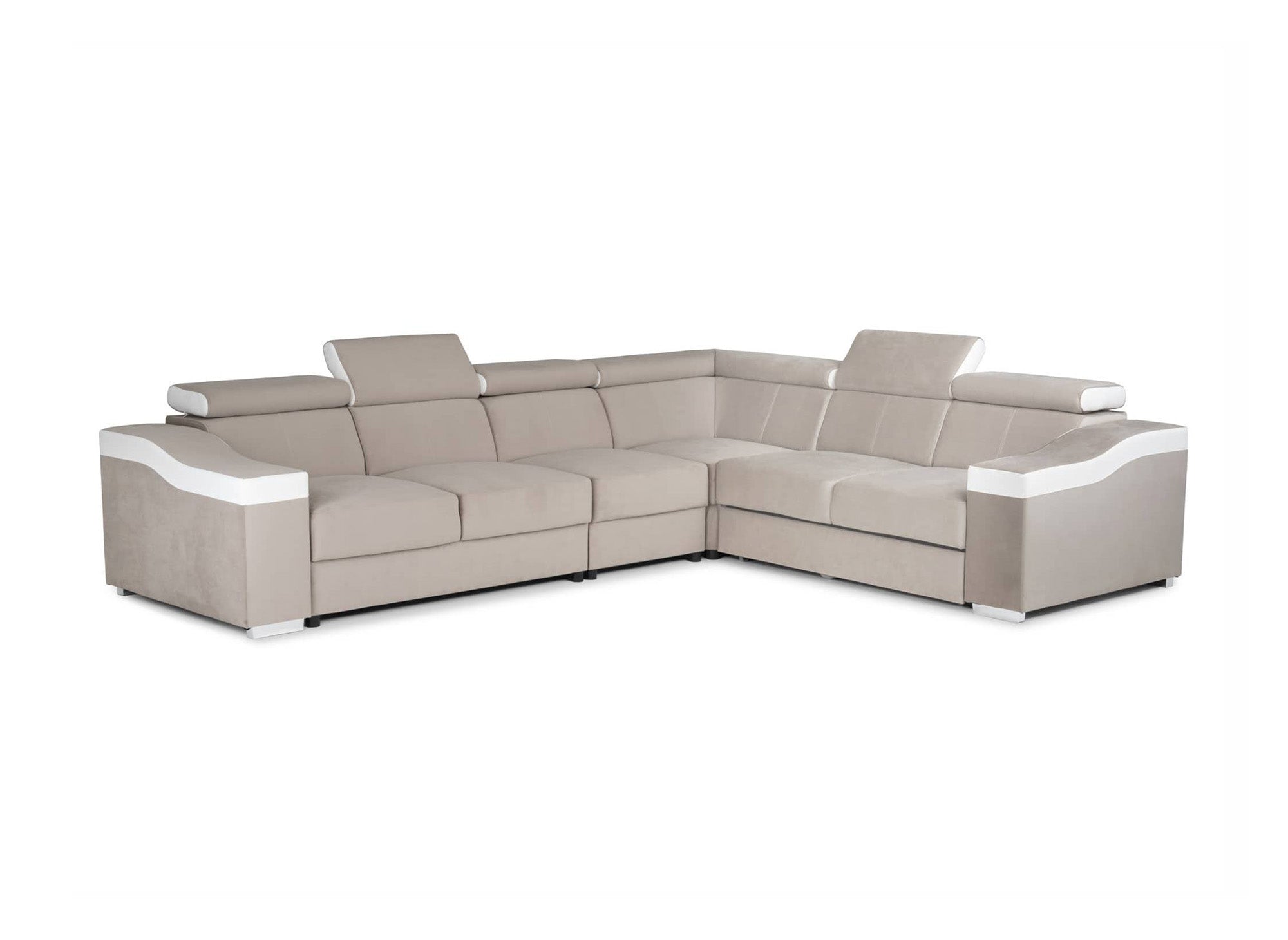 Sofá esquinero convertible reversible LEONIE en terciopelo beige y piel sintética blanca