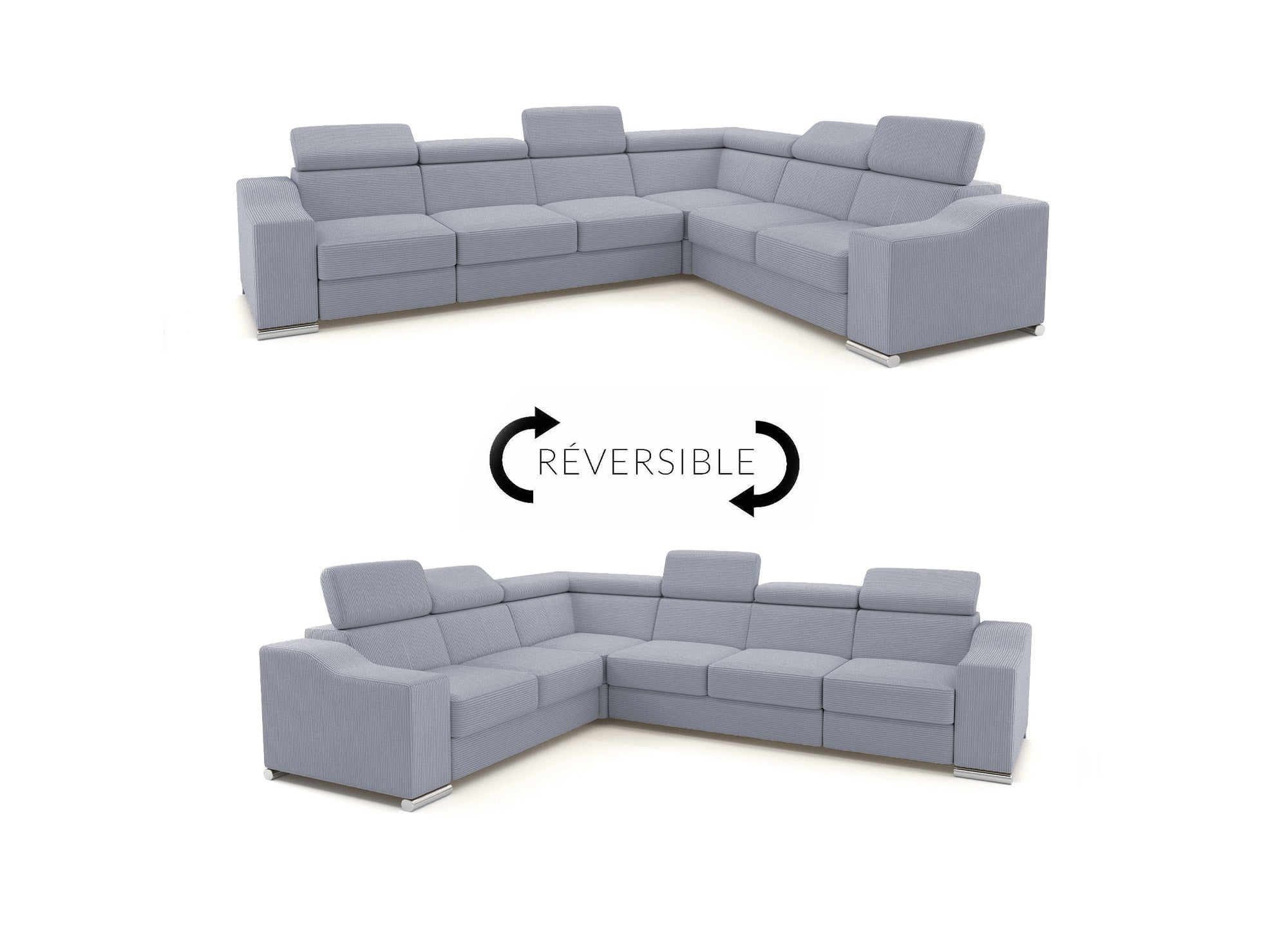 Sofá esquinero convertible reversible LEONIE en pana gris claro