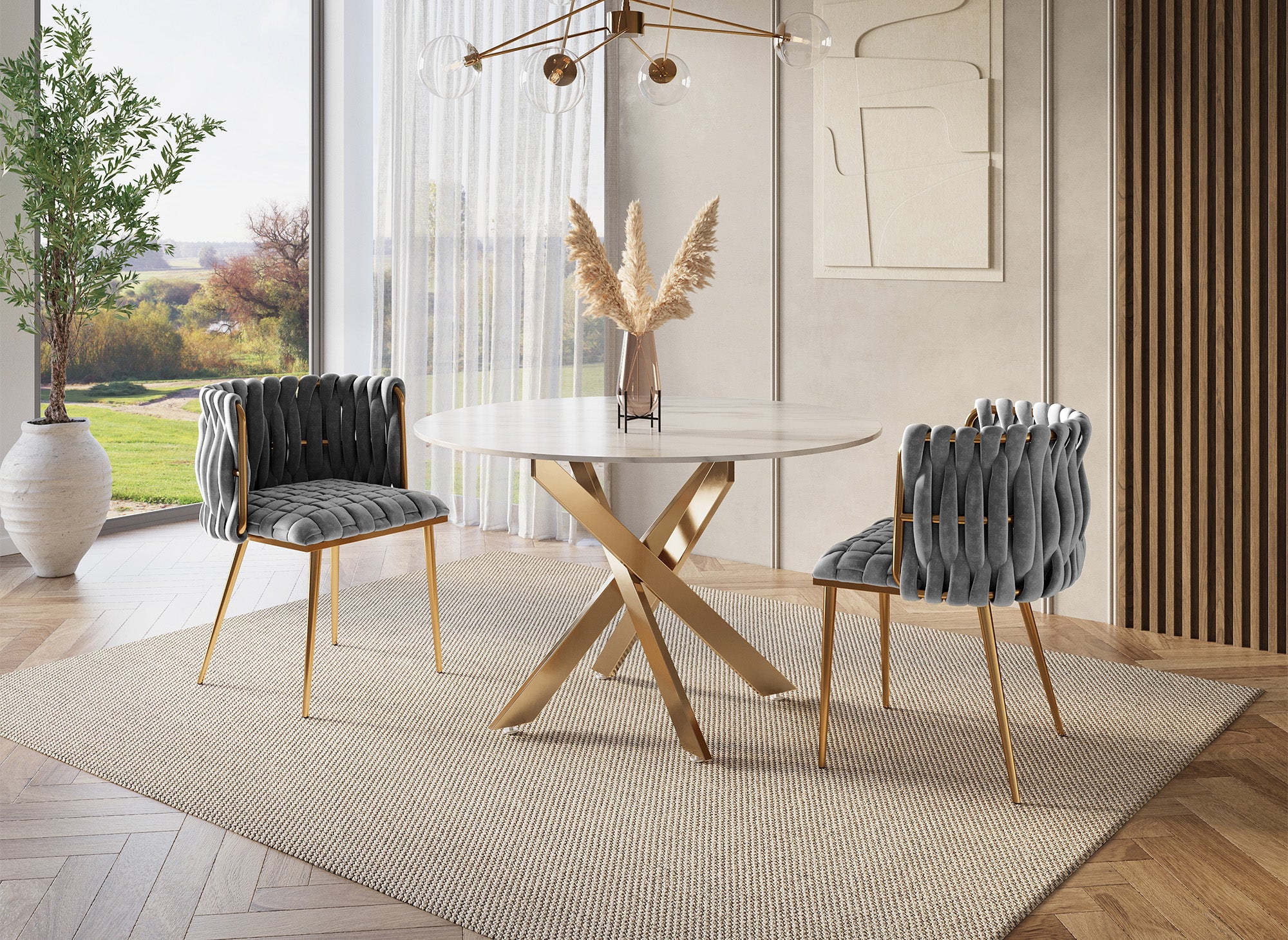 Juego de 2 sillas POLO en terciopelo gris con patas de metal dorado