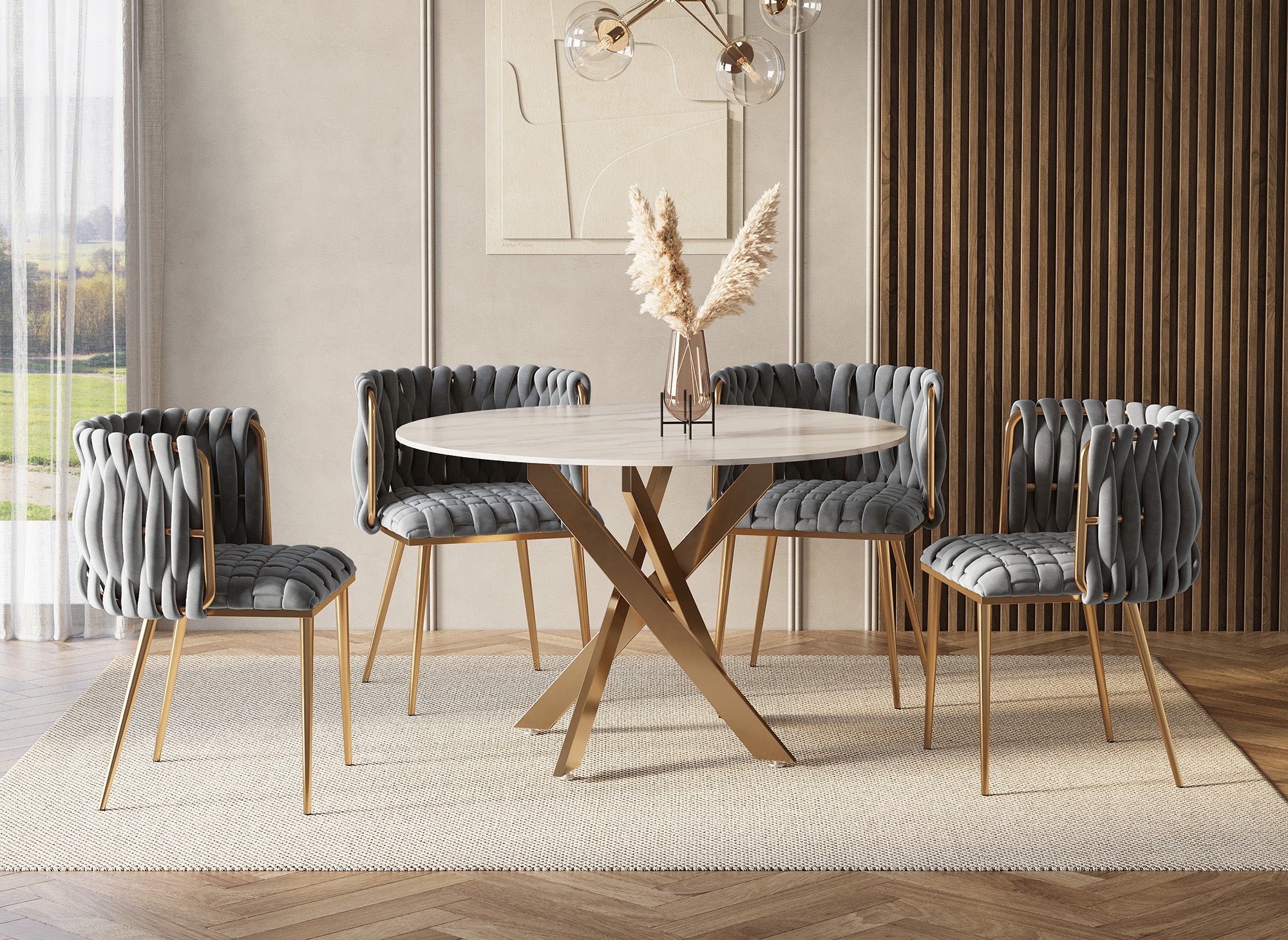 Juego de 2 sillas POLO en terciopelo gris con patas de metal dorado