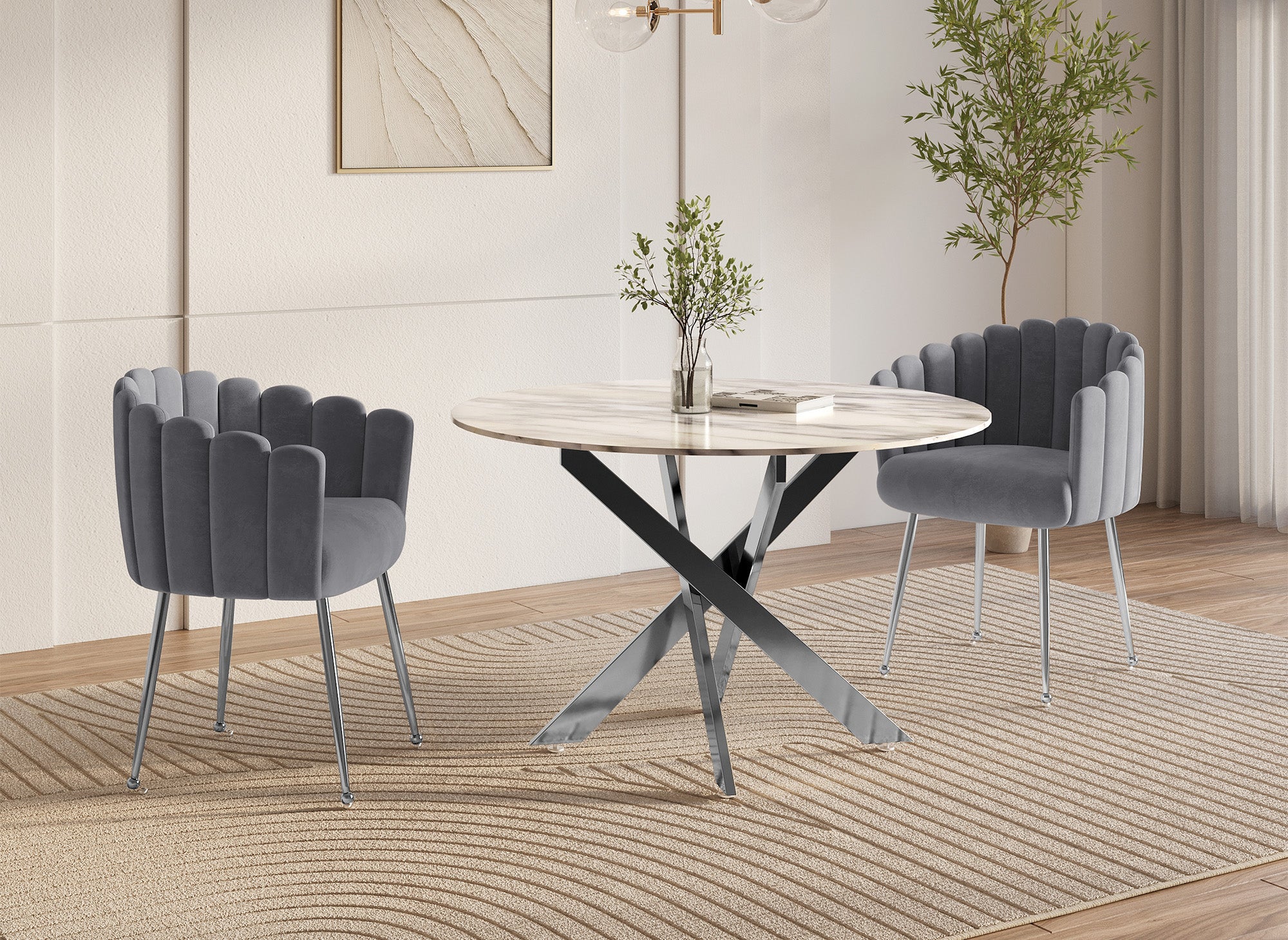 Silla HAYDEN de terciopelo gris con patas de metal plateado