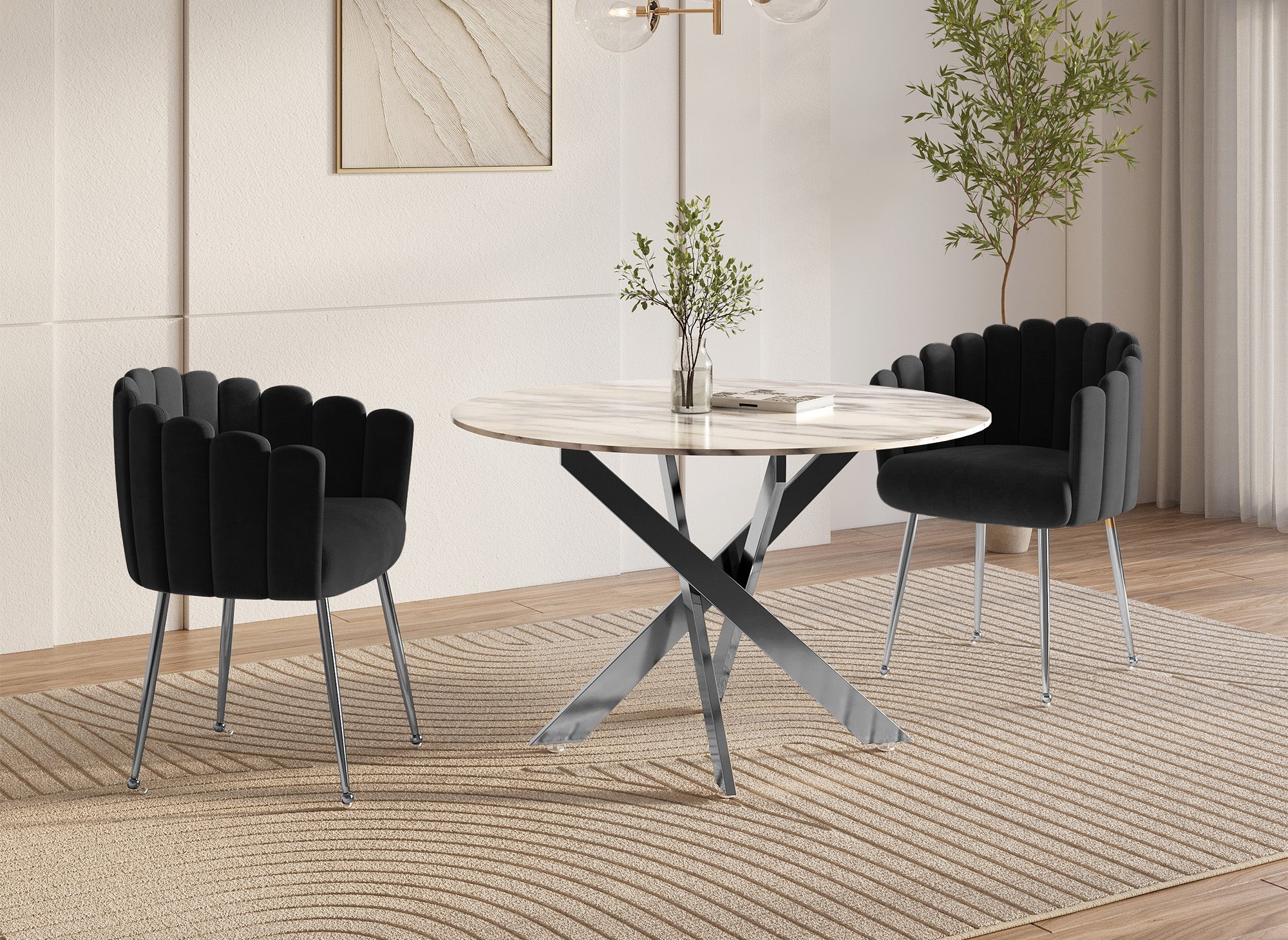 Silla HAYDEN de terciopelo negro con patas de metal plateado