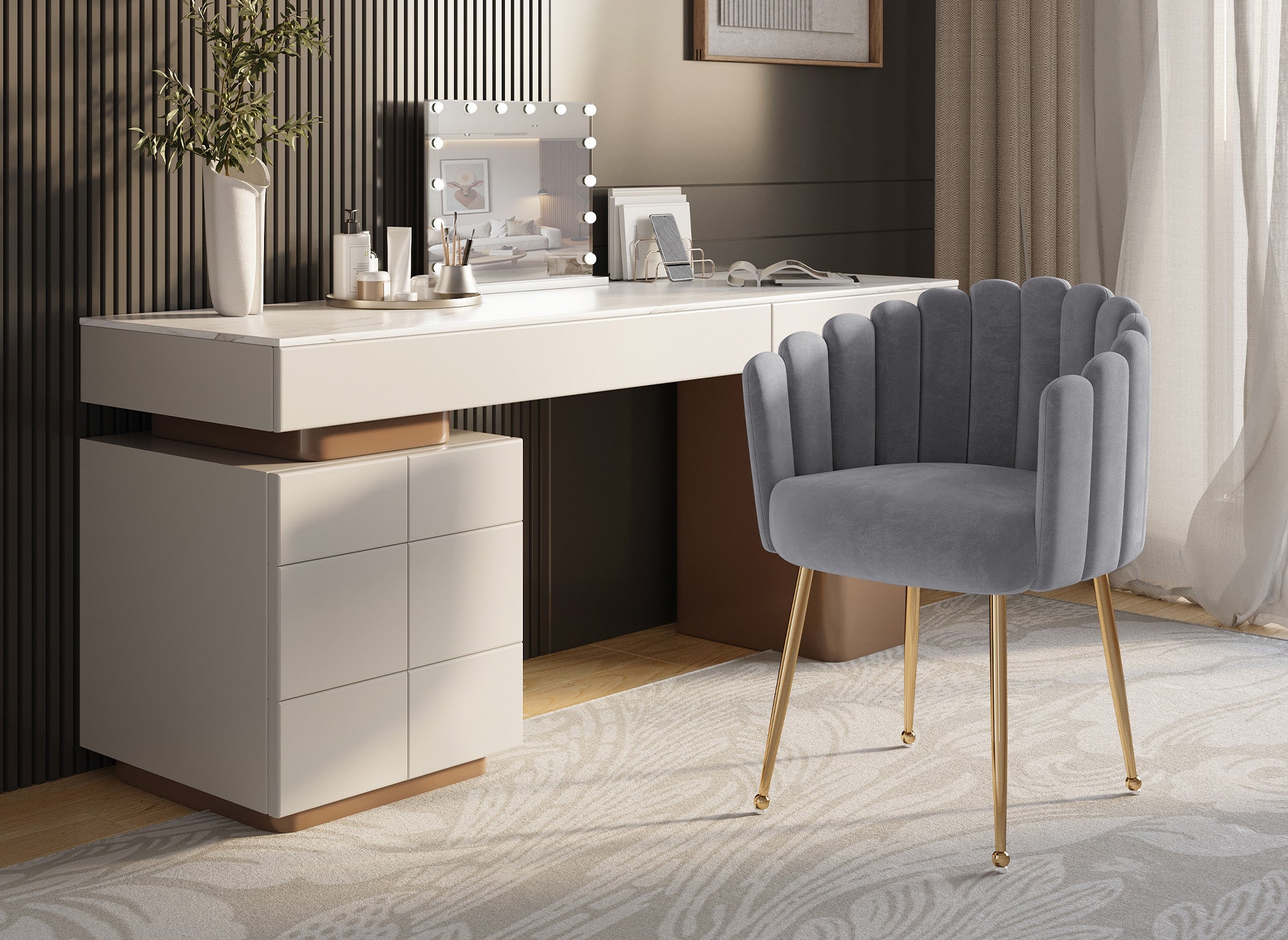 Silla HAYDEN de terciopelo gris con patas de metal dorado