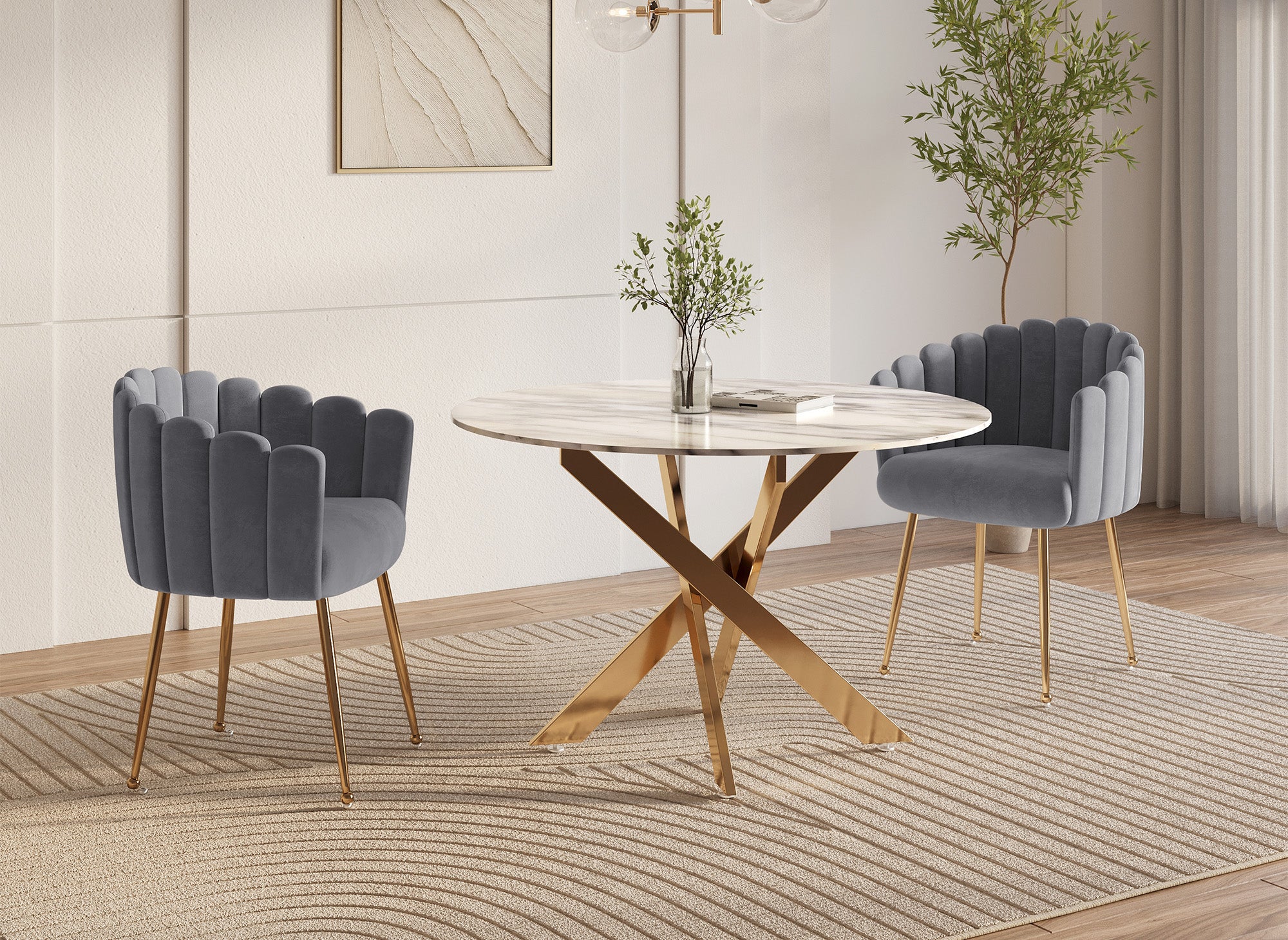 Silla HAYDEN de terciopelo gris con patas de metal dorado