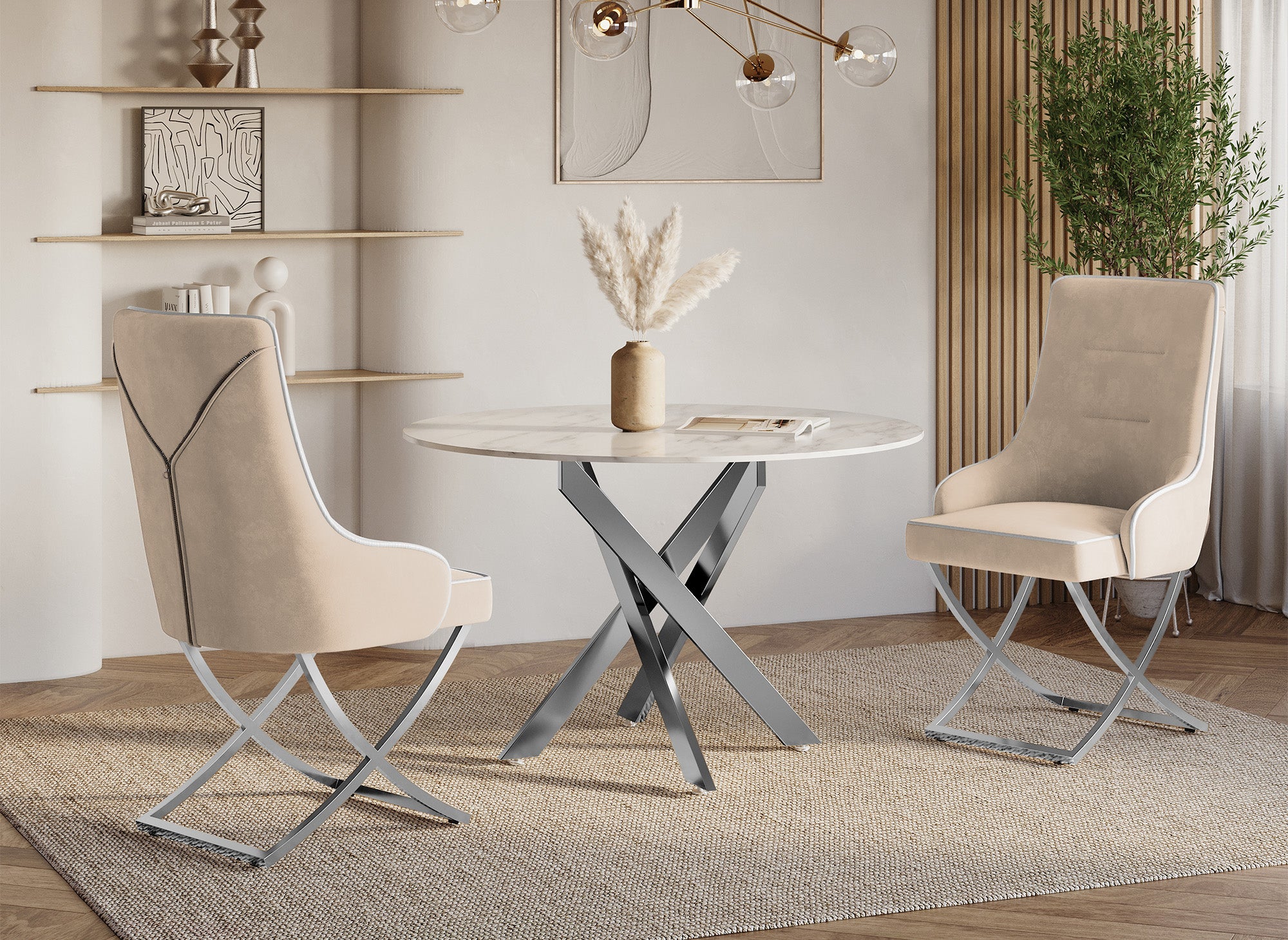 Juego de 2 sillas LEXA de terciopelo beige con patas de metal plateado