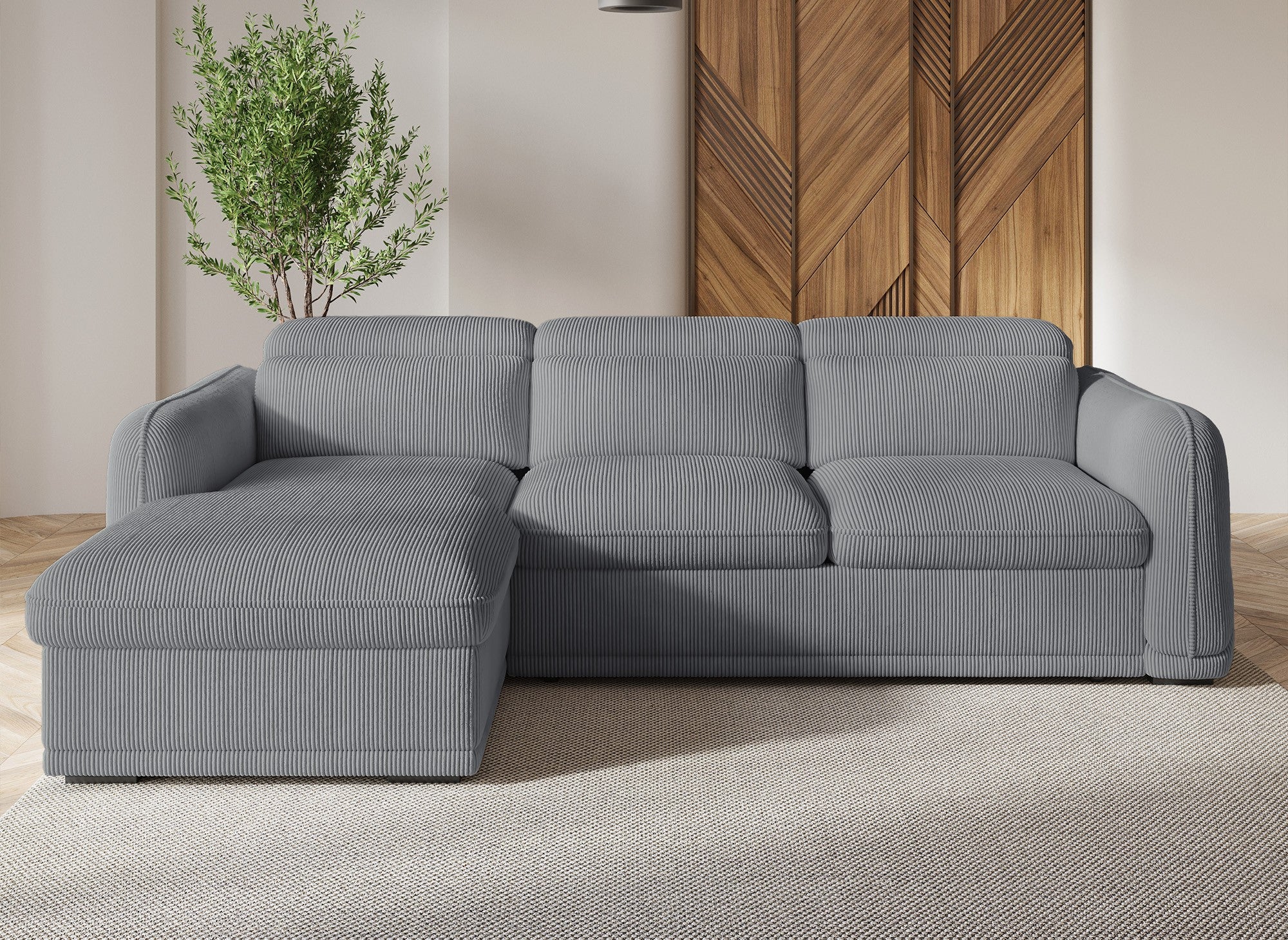 Sofá cama esquinero izquierdo PETUNIA con almacenaje en pana gris gruesa - Esquinero izquierdo