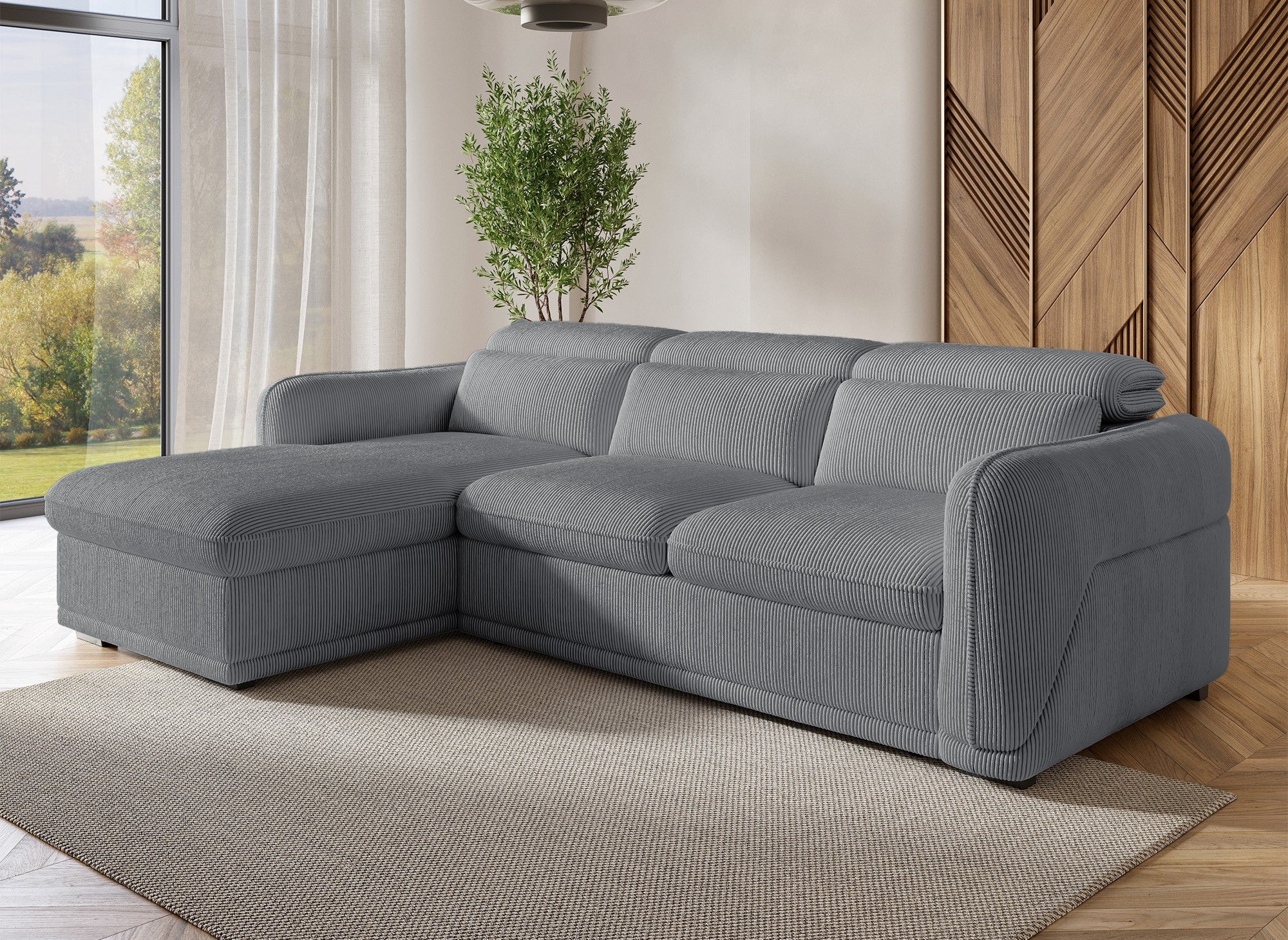 Sofá cama esquinero izquierdo PETUNIA con almacenaje en pana gris gruesa - Esquinero izquierdo
