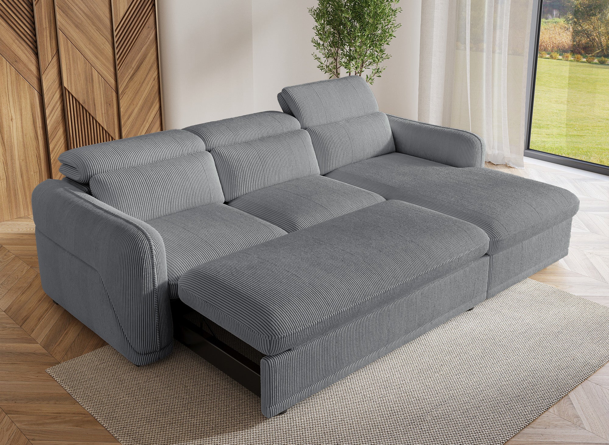 Sofá cama esquinero PETUNIA con almacenaje en pana gris gruesa - Esquina derecha