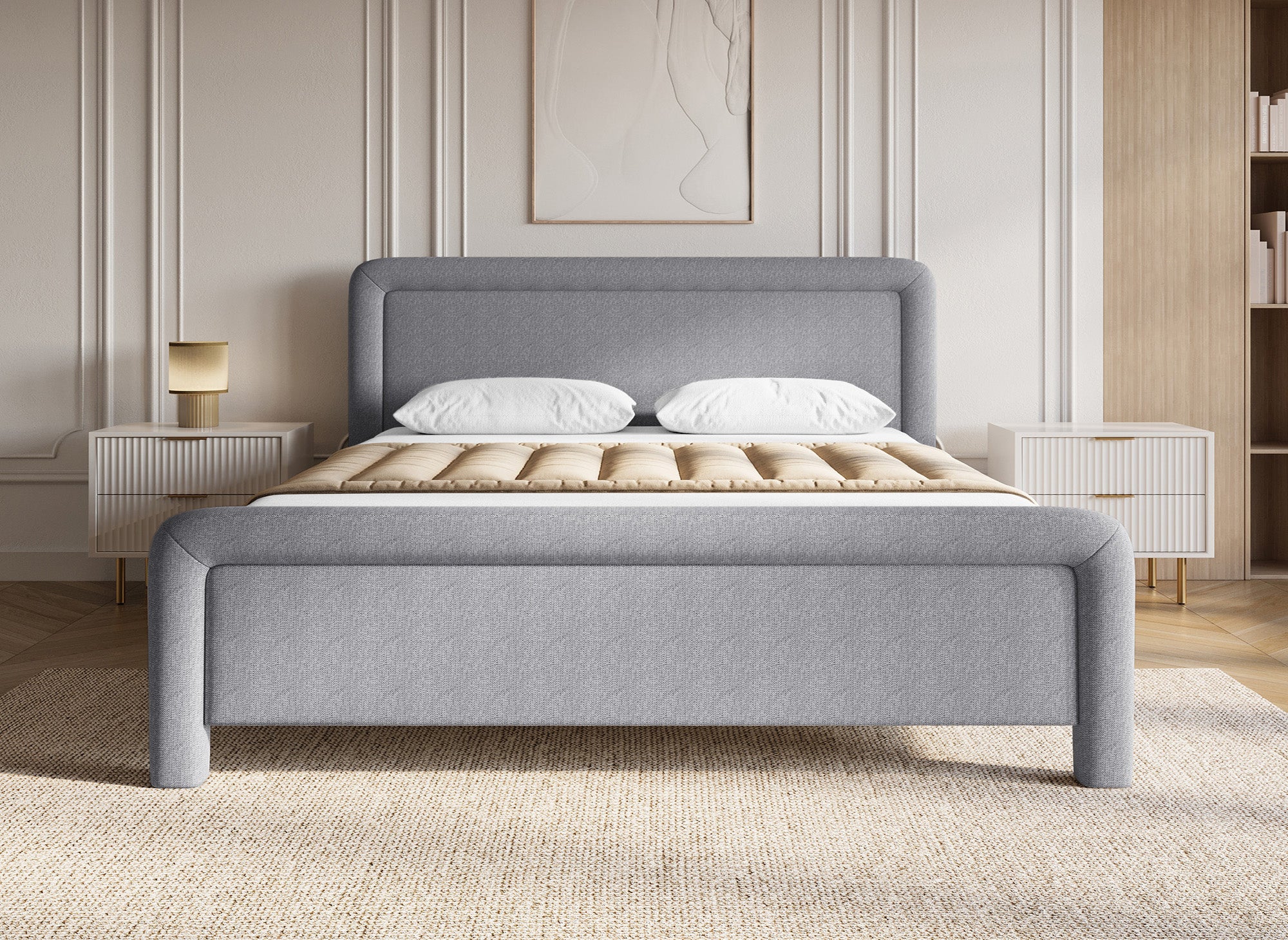 Cama doble ANELA de tela gris suave, 180 x 200 cm