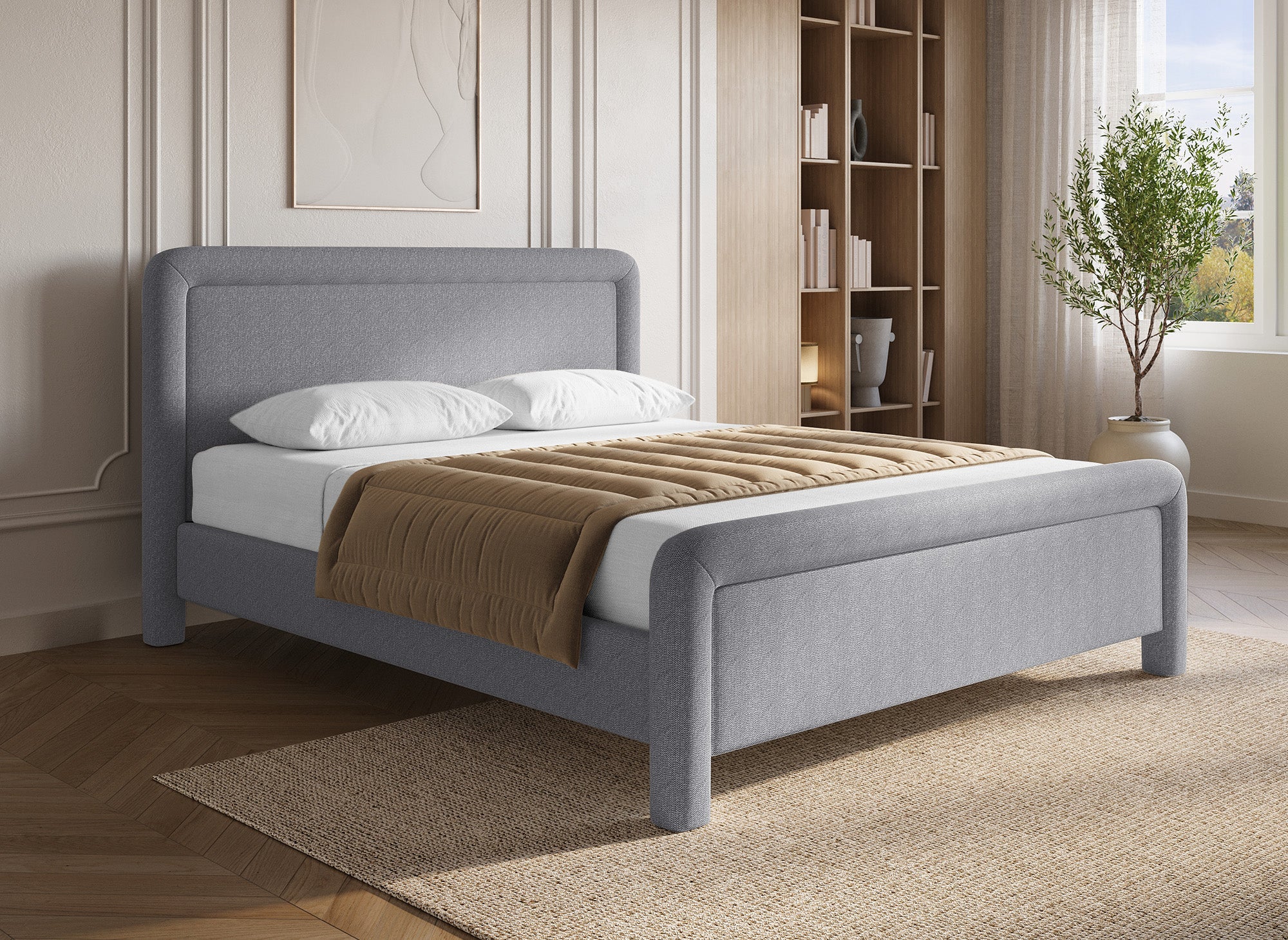 Cama doble ANELA de tela gris suave, 160 x 200 cm
