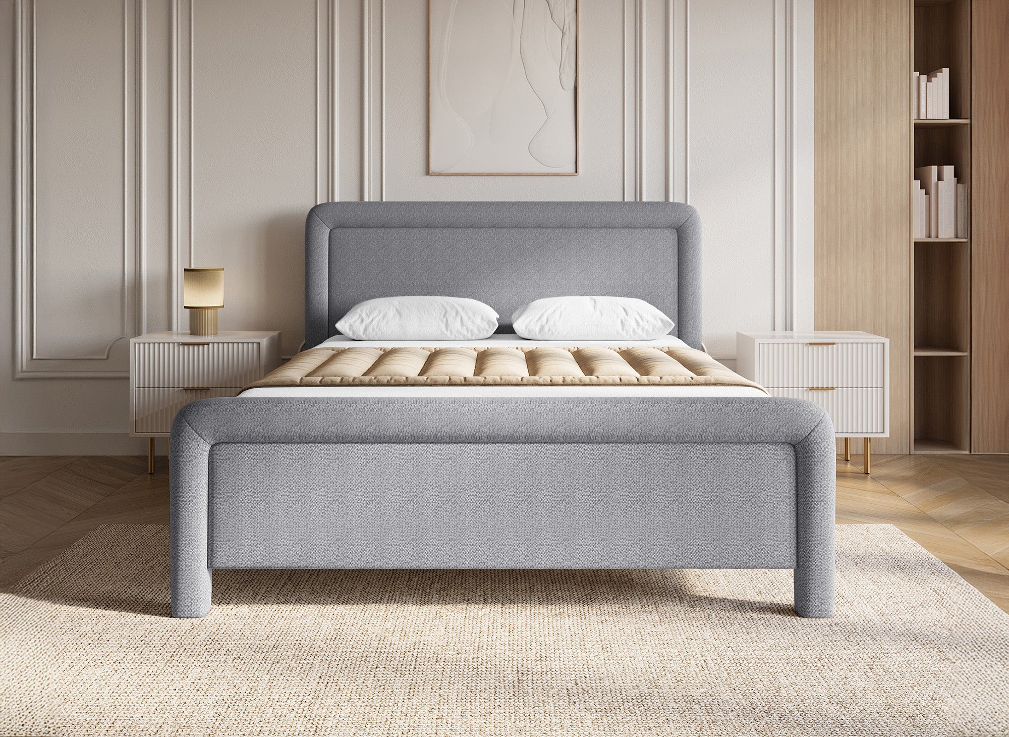 Cama doble ANELA de tela gris suave, 140 x 190 cm