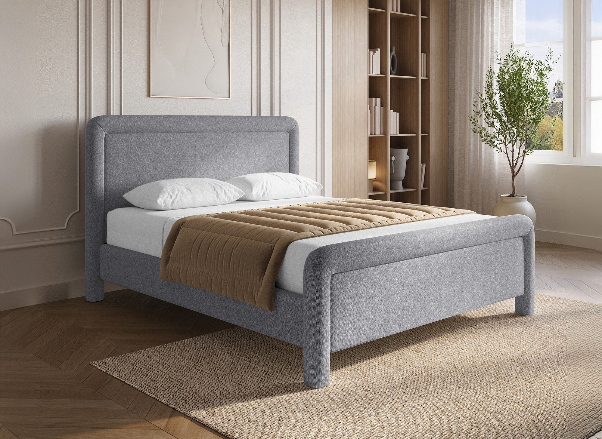 Cama doble ANELA de tela gris suave, 140 x 190 cm