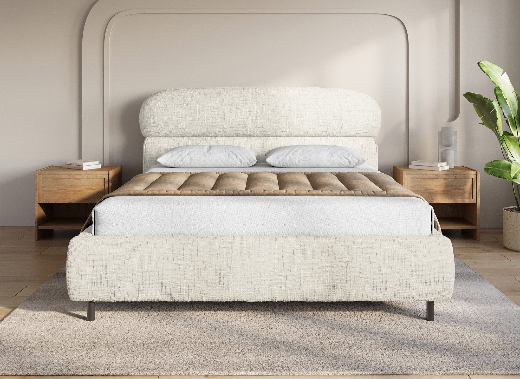 Cama con almacenaje MELO de terciopelo jaspeado beige de 160x200 cm